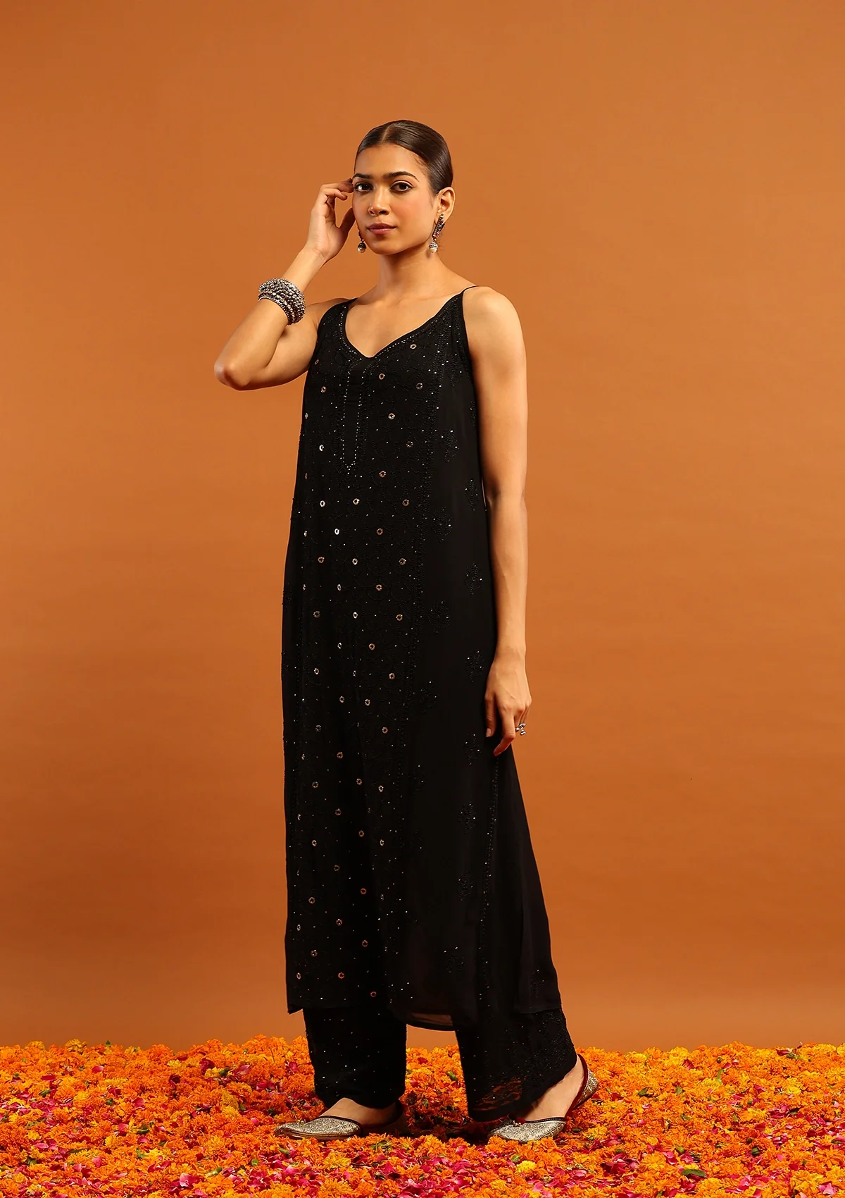 HOC Viscose Georgette Chikankari Mukaish & Kamdani Solid Women's 3 PC Long Kurta Set-Black - Healthber