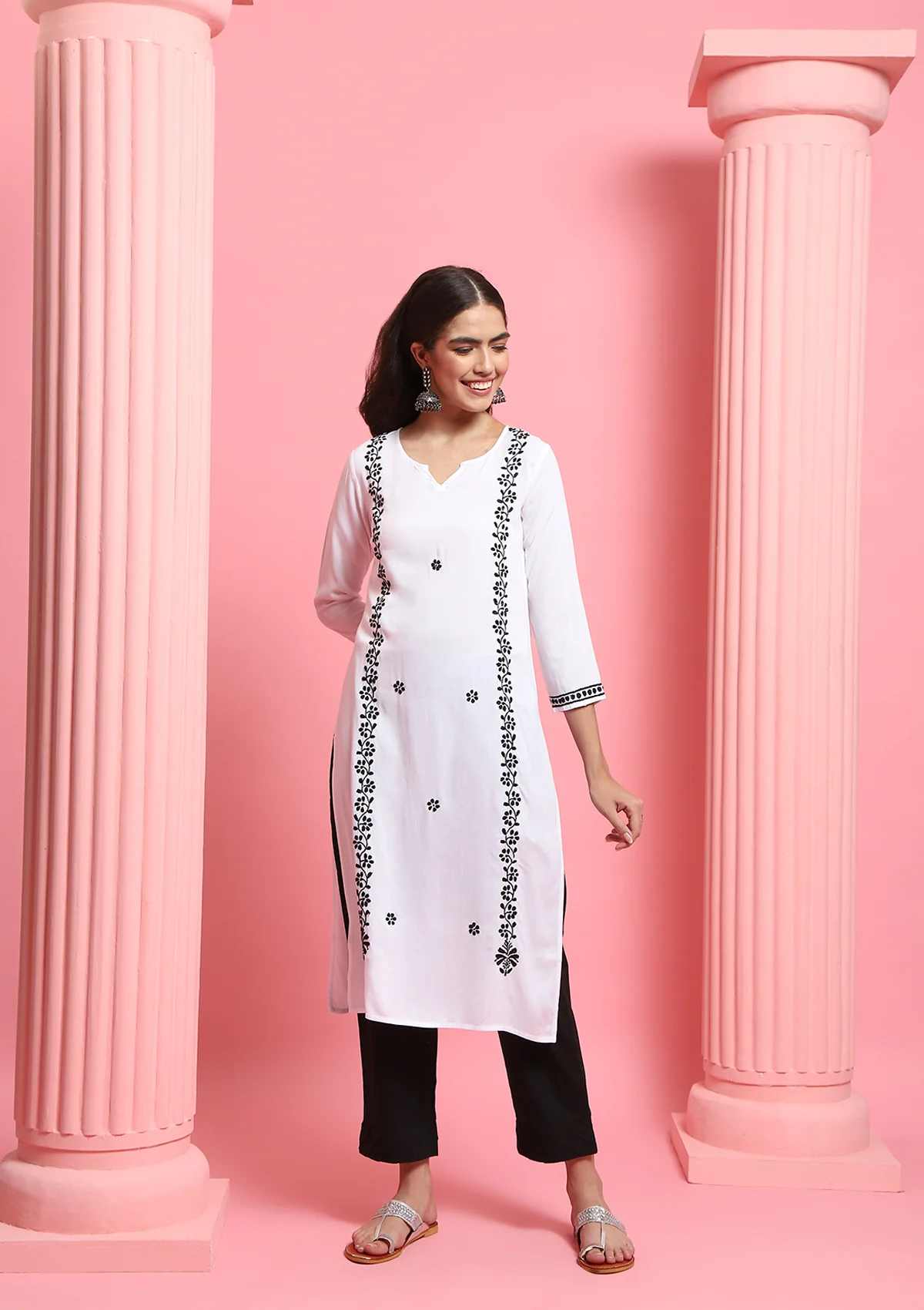 Rayon Chikankari Solid Women's Long Kurta - White - Healthber