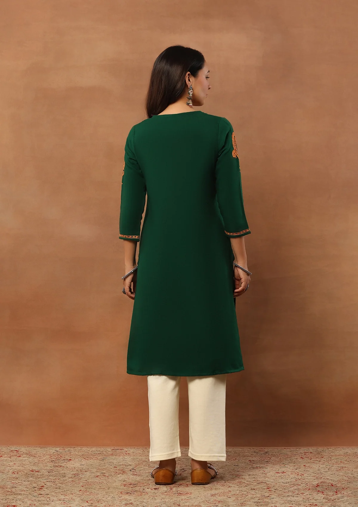 HOC Aari Embroidered Woollen Solid Women's Long Kurta - Green - Healthber