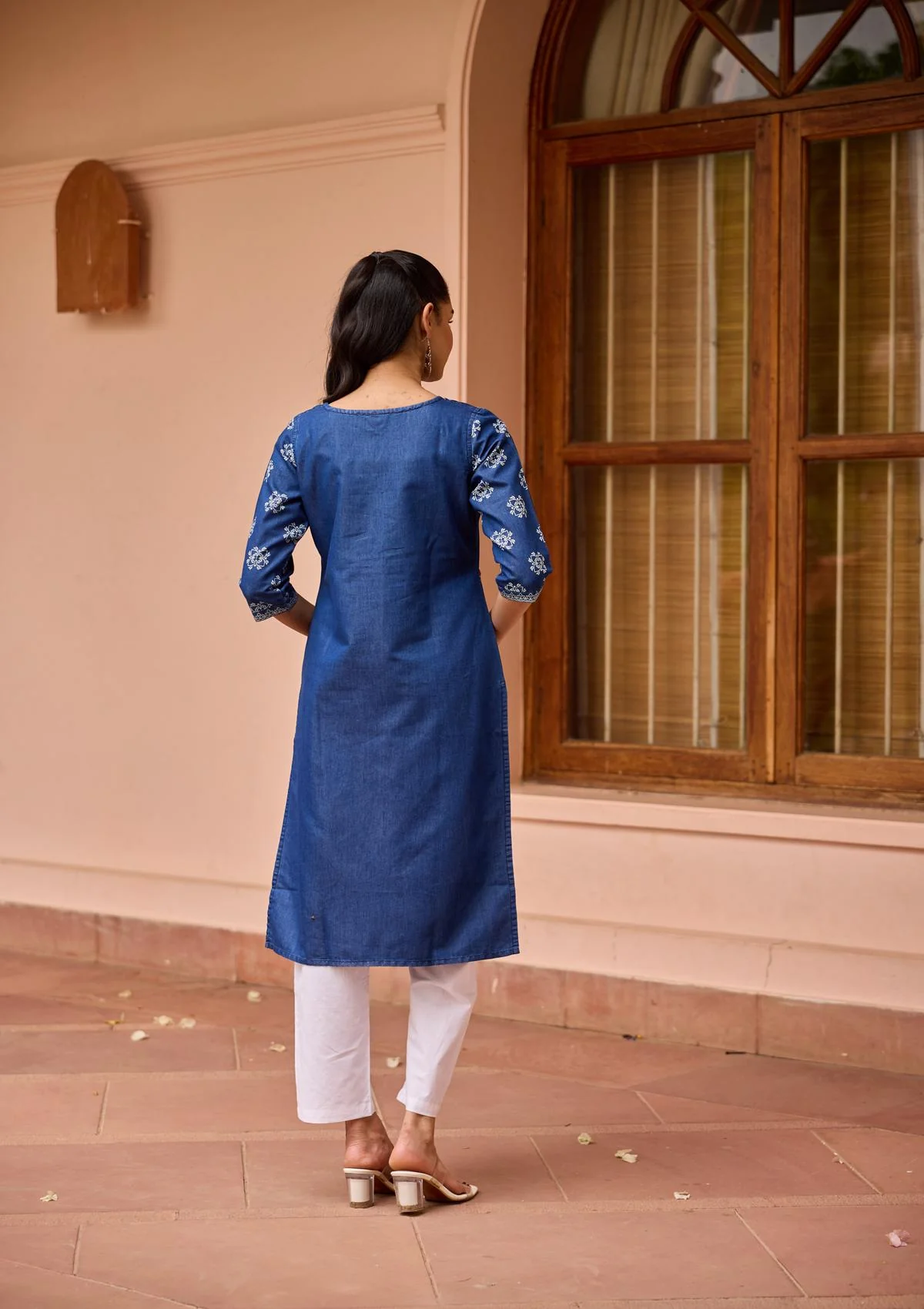 HOC Mirror Work Denim Printed Women's Straight Kurta - Blue - Healthber