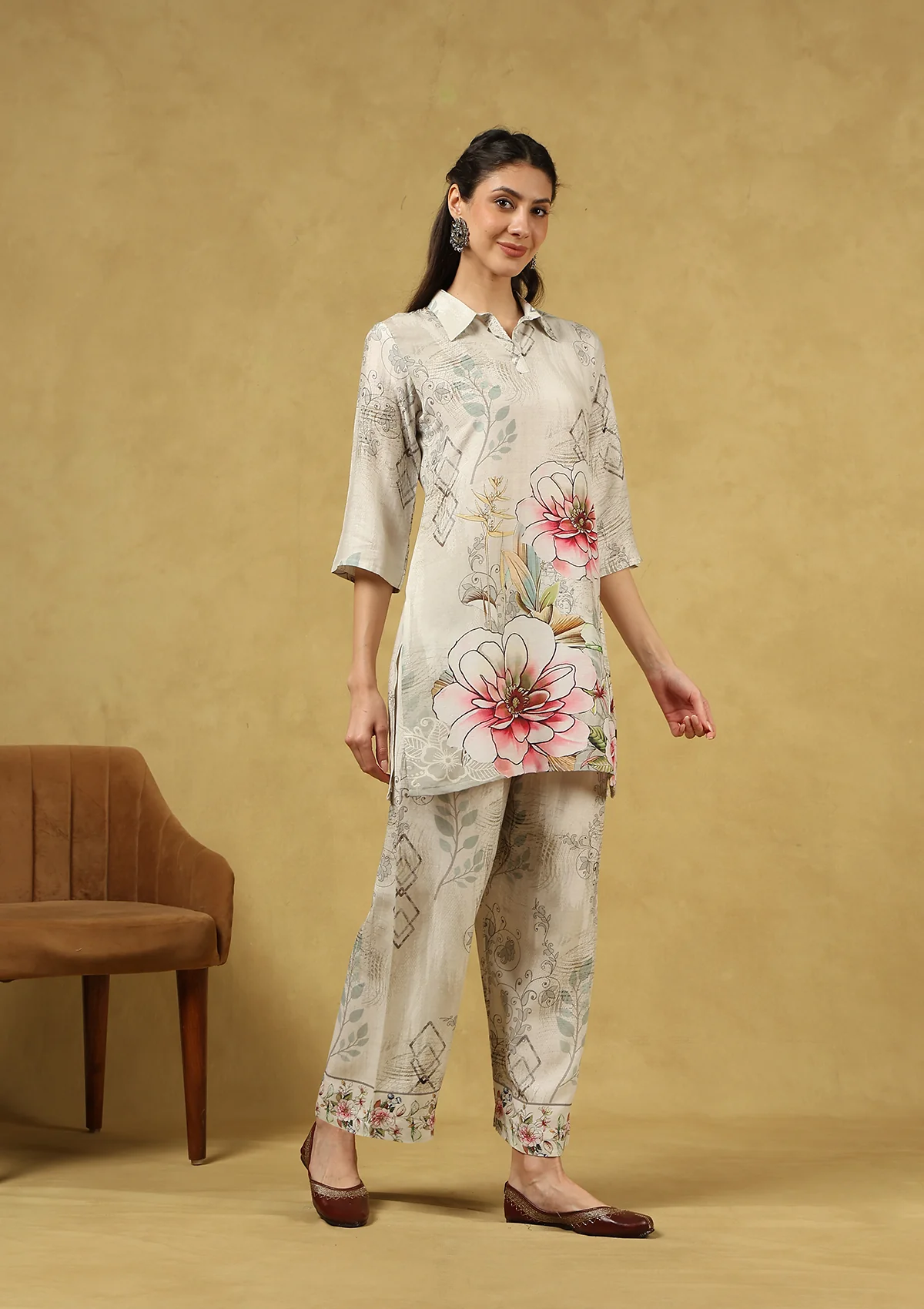 HOC Hand Embellished Viscose Linen Printed Women's 2 PC Co-ord Set - White - Healthber
