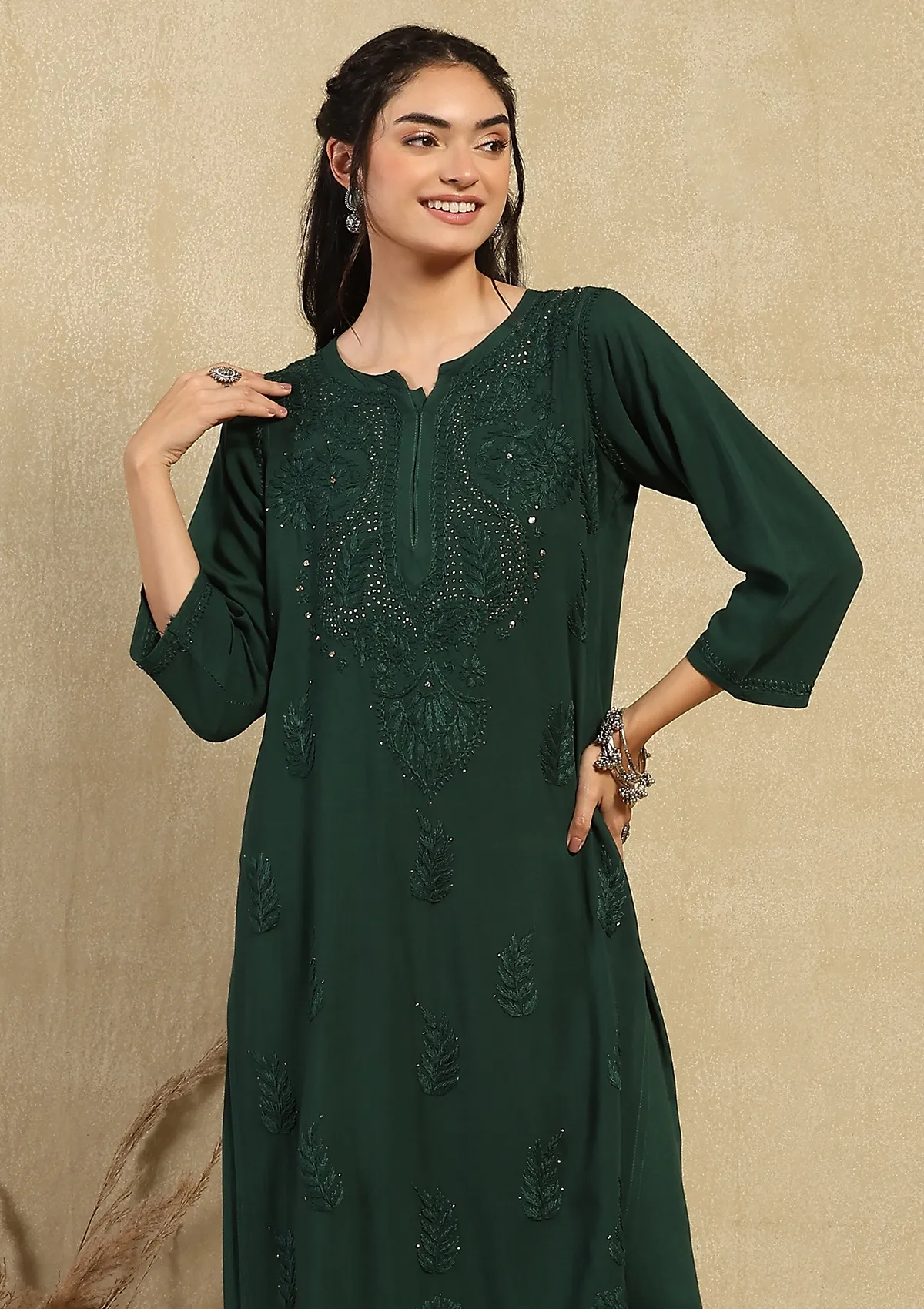 HOC Rayon Chikankari Mukaish Solid Women's 2PC Long Kurta Set - Dark Green - Healthber