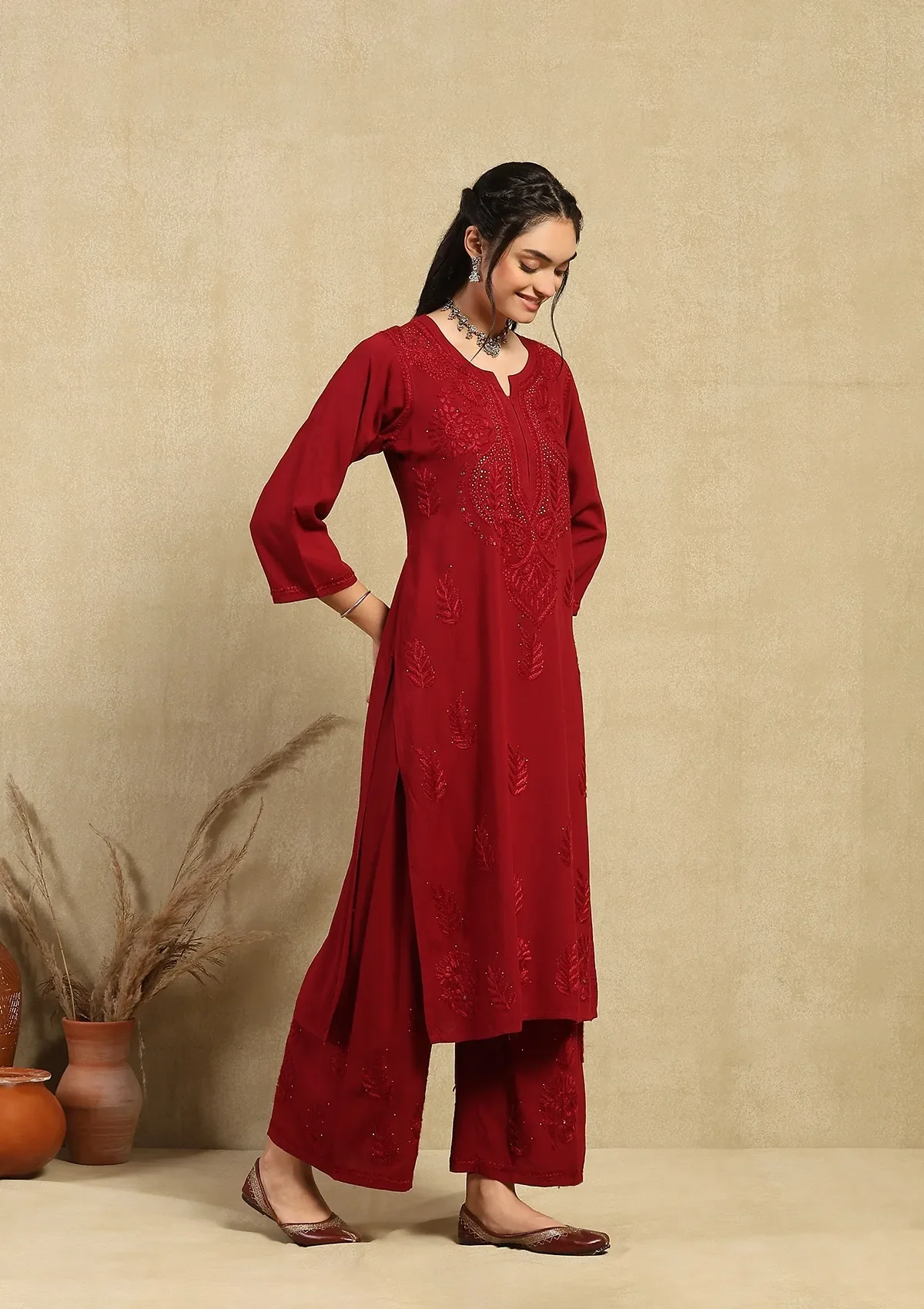 HOC Rayon Chikankari Mukaish Solid Women's 2PC Long Kurta Set-Maroon - Healthber