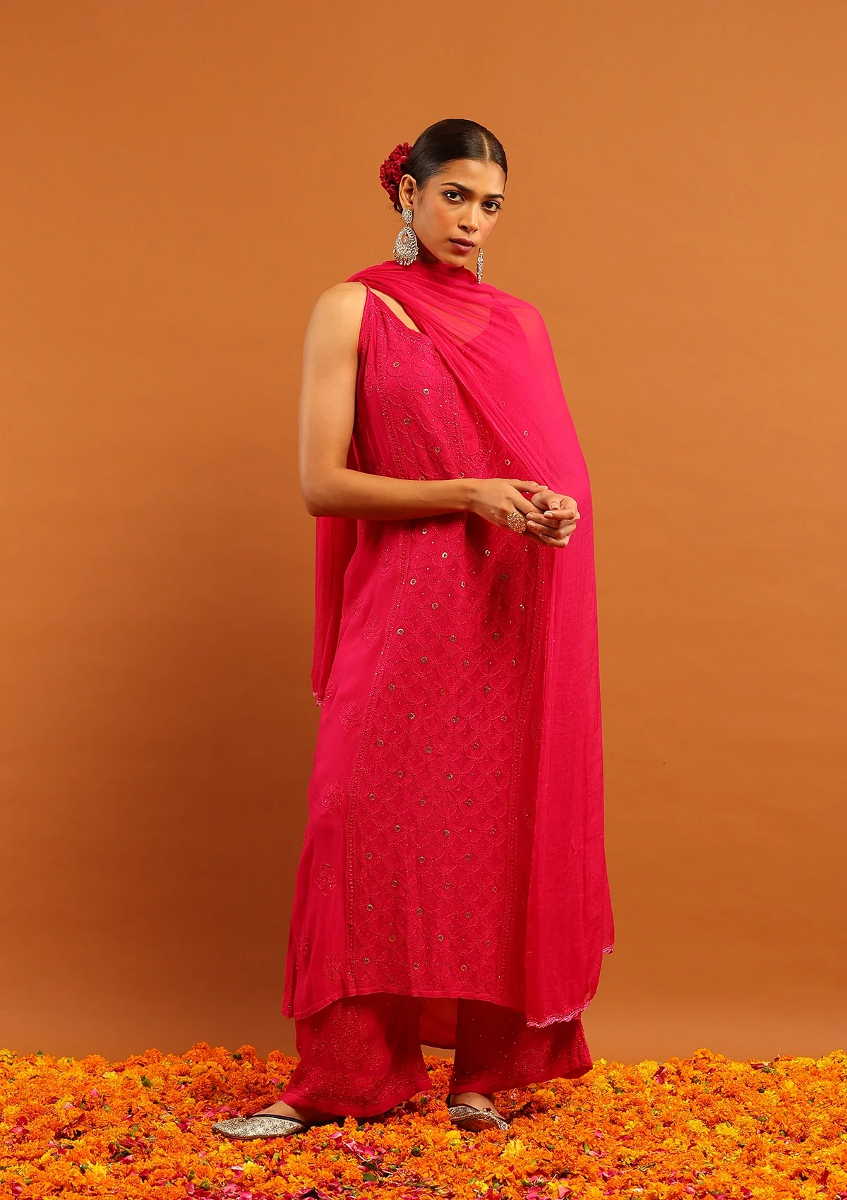 HOC Viscose Georgette Chikankari Mukaish & Kamdani Solid Women's 3 PC Long Kurta Set-Magenta - Healthber