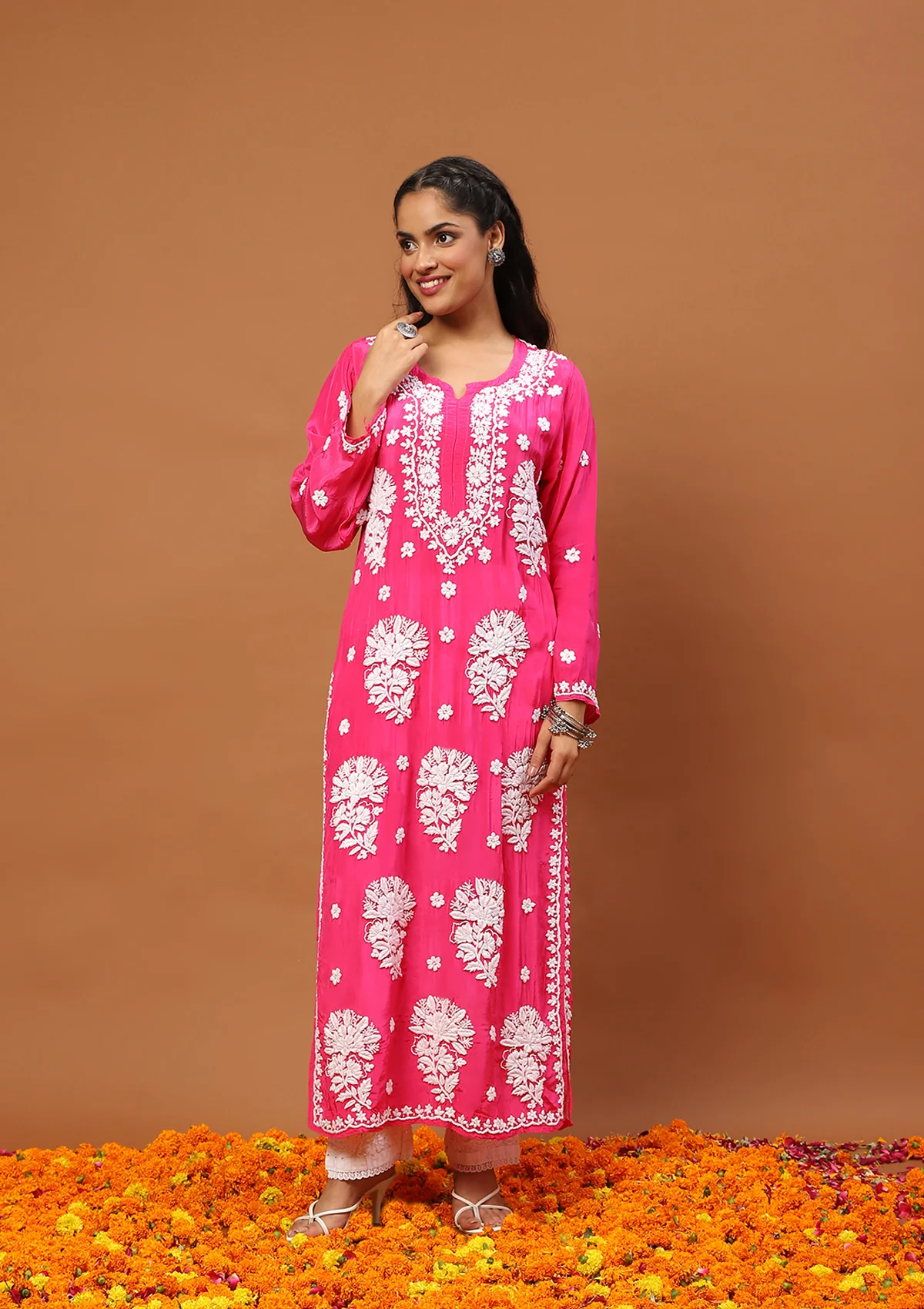 HOC Satin Crepe Chikankari Solid Women's Long Kurta - Dark Pink - Healthber