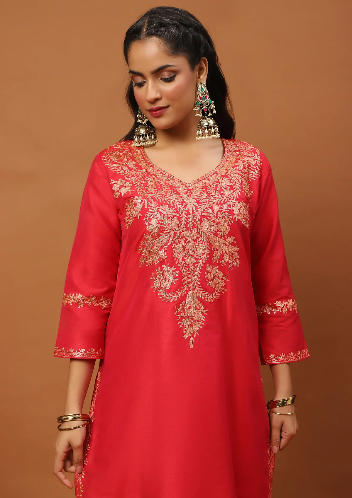 HOC Art Silk Embroidered Zari Work Solid Women's 2 PC Long Kurta Set - Red - Healthber