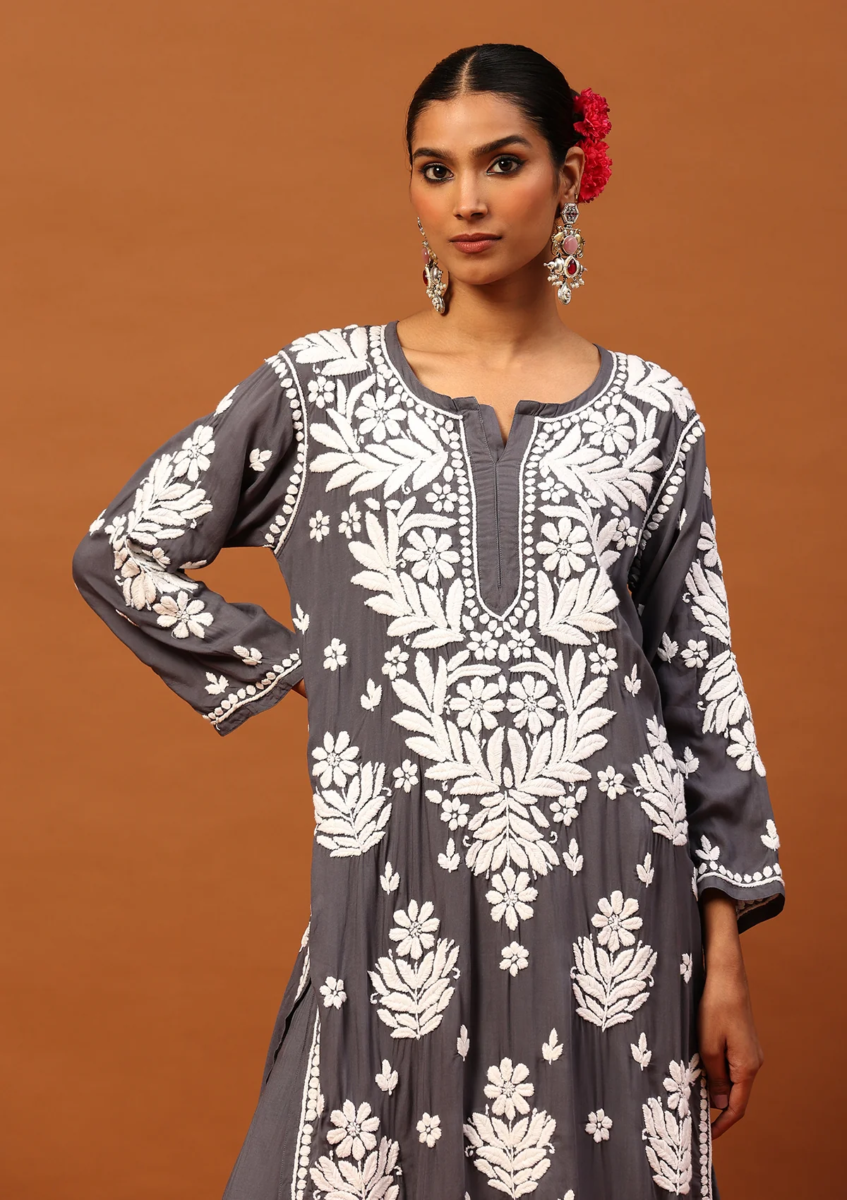 HOC Modal Chikankari Solid Women's 2 PC Long Kurta Set -Grey - Healthber