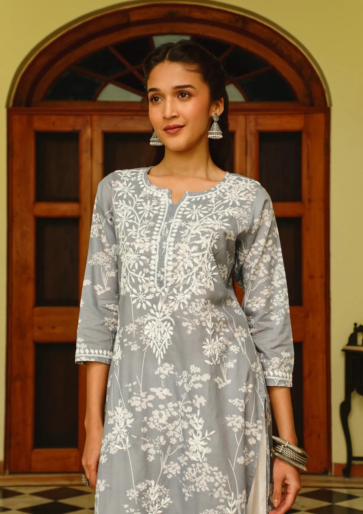 HOC Zainab Chikankari Mulmul Printed Straight Kurta -Grey - Healthber