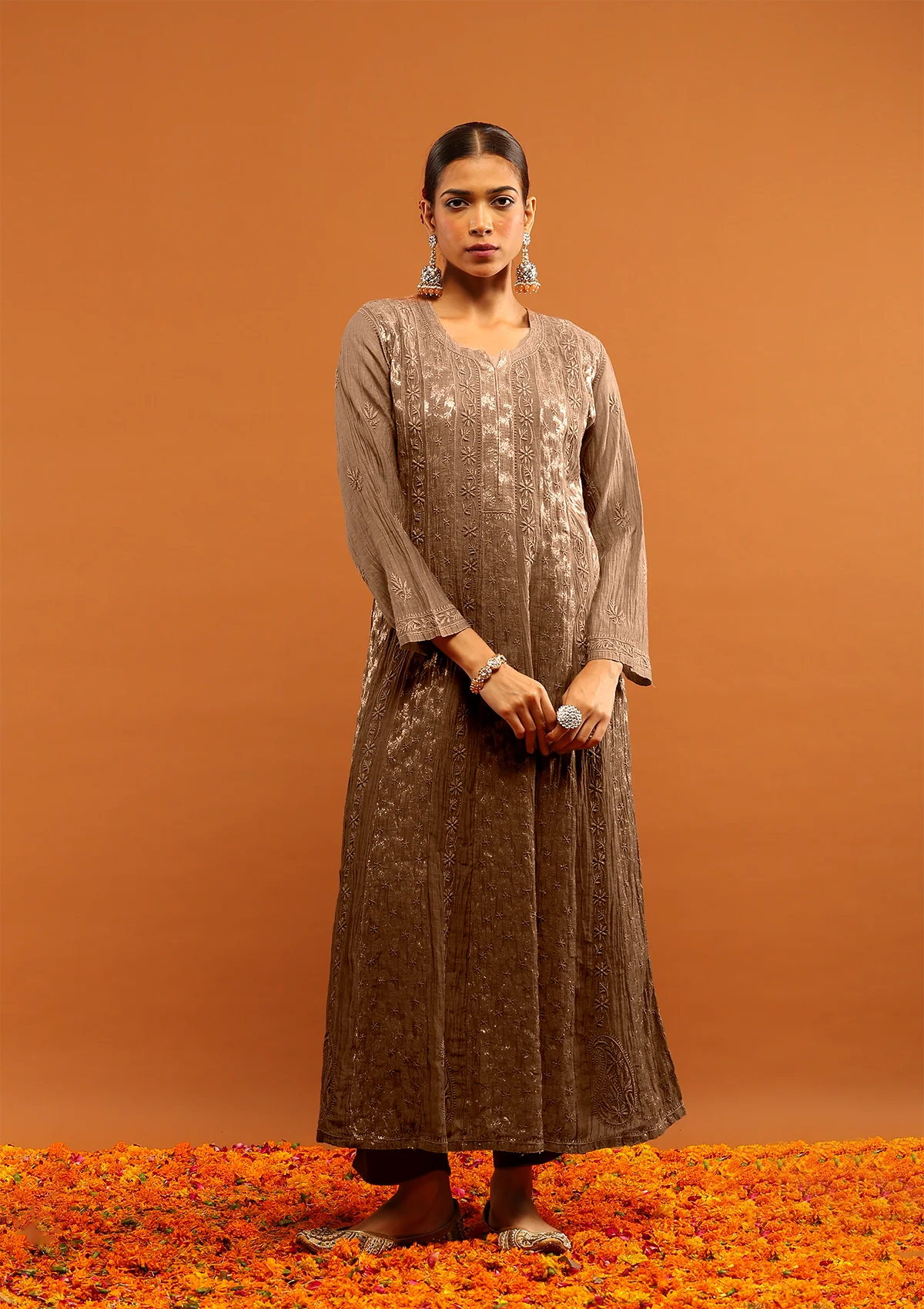 HOC Banarasi Mul Chanderi Chikankari Solid Women's 4 PC Anarkali Kurta Set - Fawn - Healthber