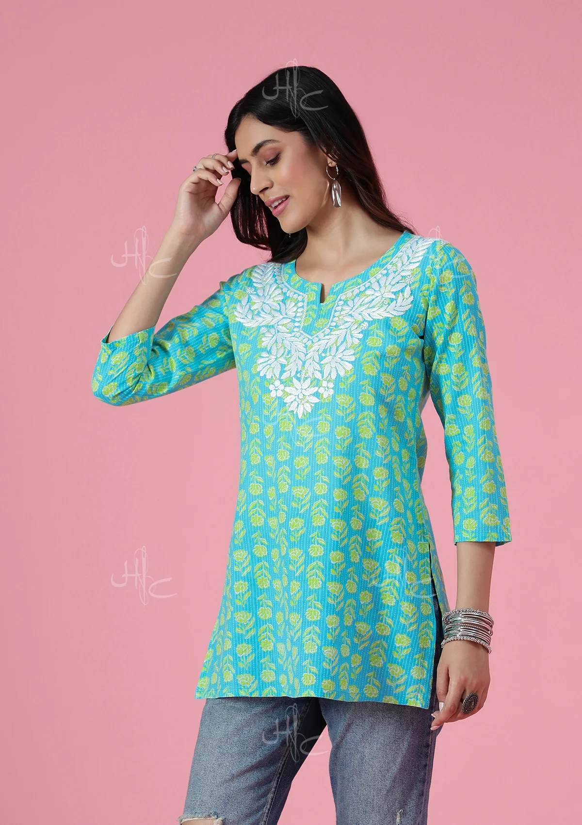 HOC Kantha Cotton Chikankari Printed Women's Short Kurta - Blue - Healthber