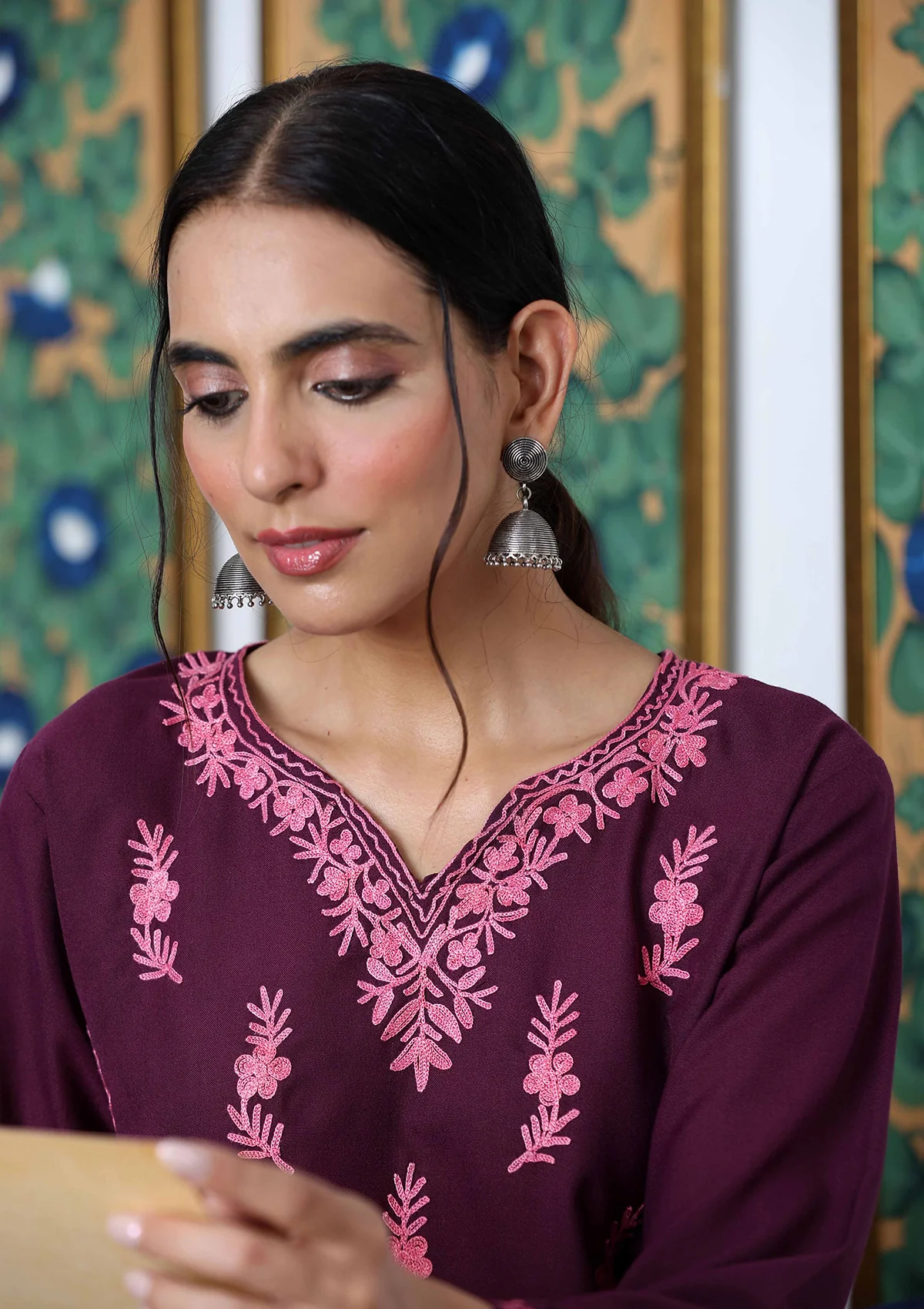 HOC Aari Embroidered Cotton Solid Women's Long Kurta - Dark Purple - Healthber