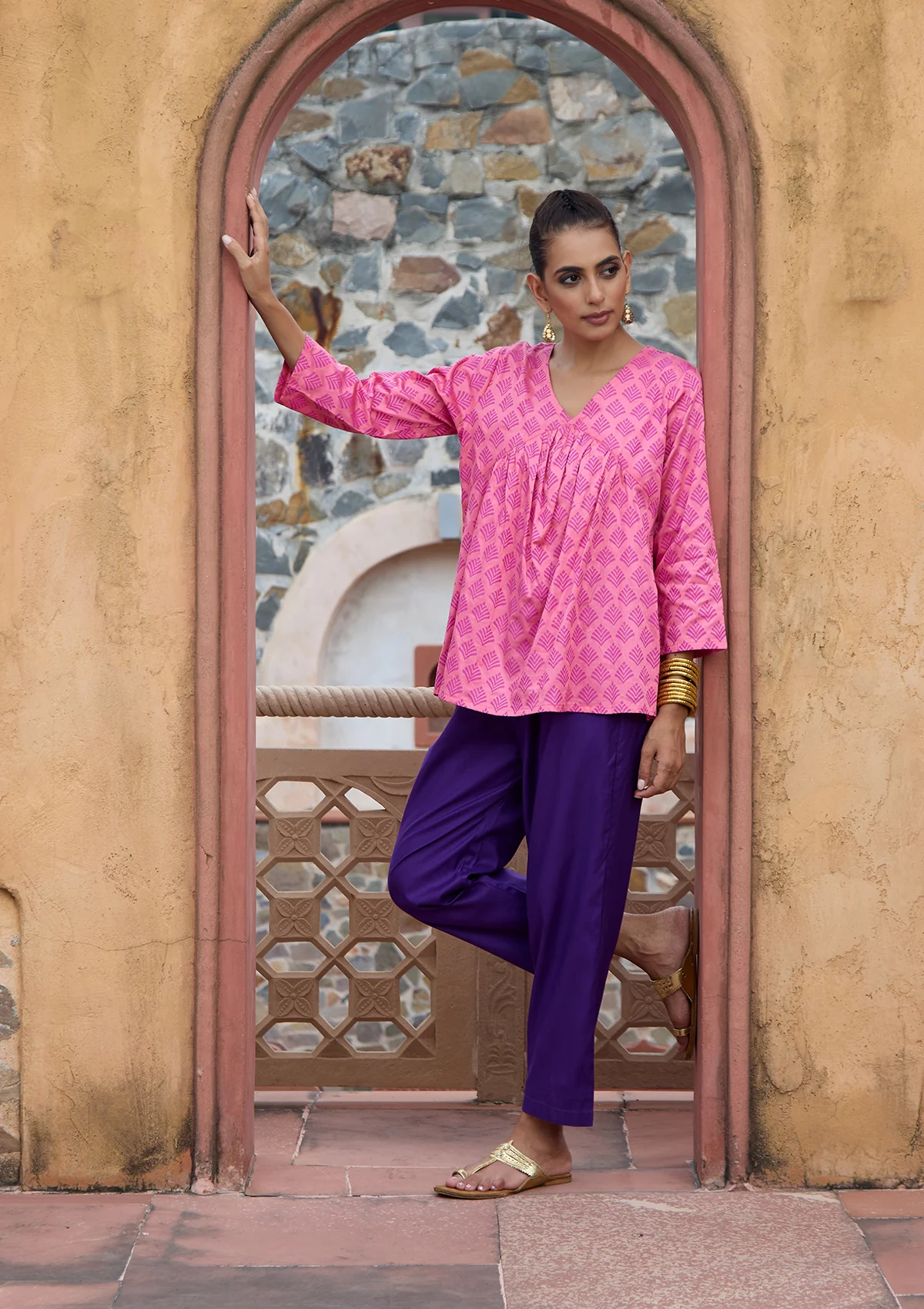 HOC Glazed Cotton Hand Block Printed Women's Short Kurta - Pink - Healthber