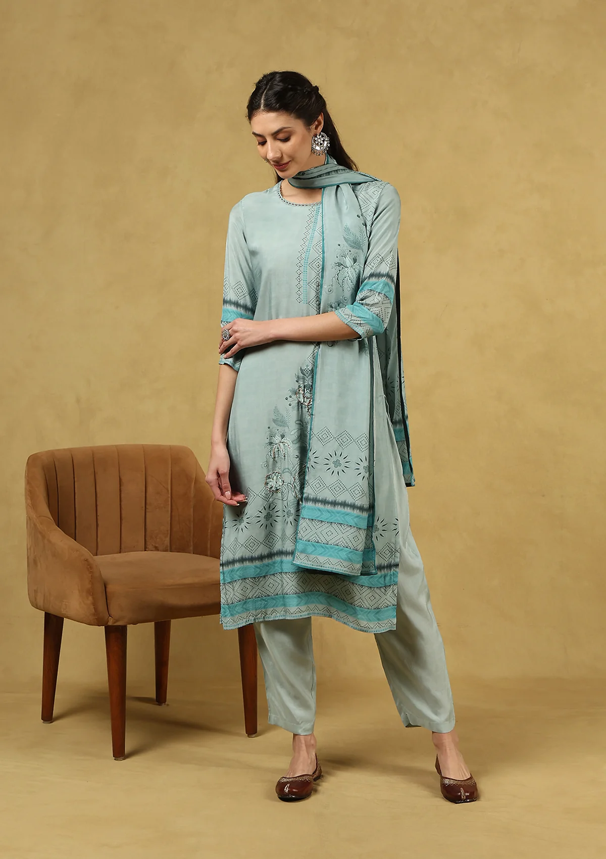 HOC Hand Embellished Muslin Zari Printed Women's 3 PC Long Kurta Set with Dupatta - Sea Green - Healthber
