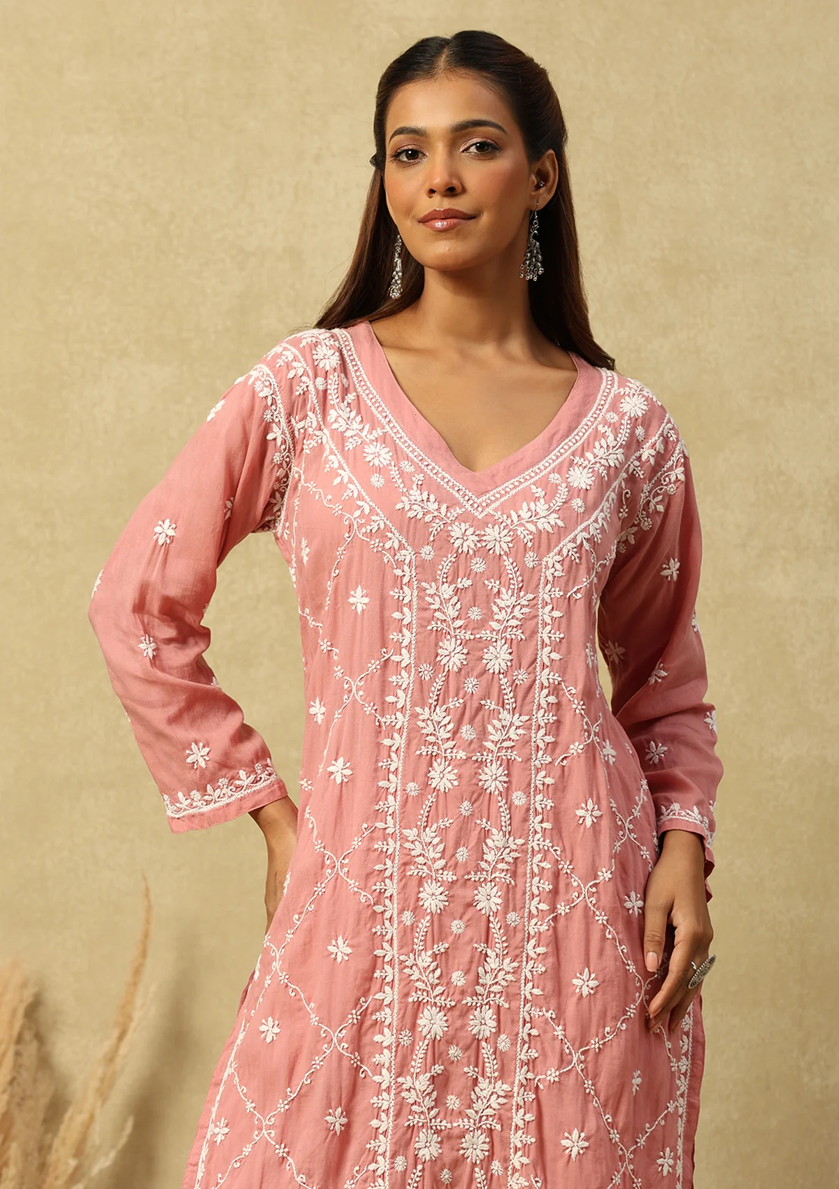 HOC Modal Chikankari Solid Women's Long Kurta -Dust Pink - Healthber