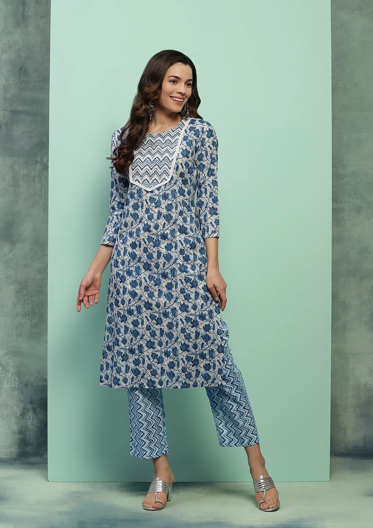 HOC Cotton Printed Women's 2 PC Long Kurta Set - Blue - Healthber