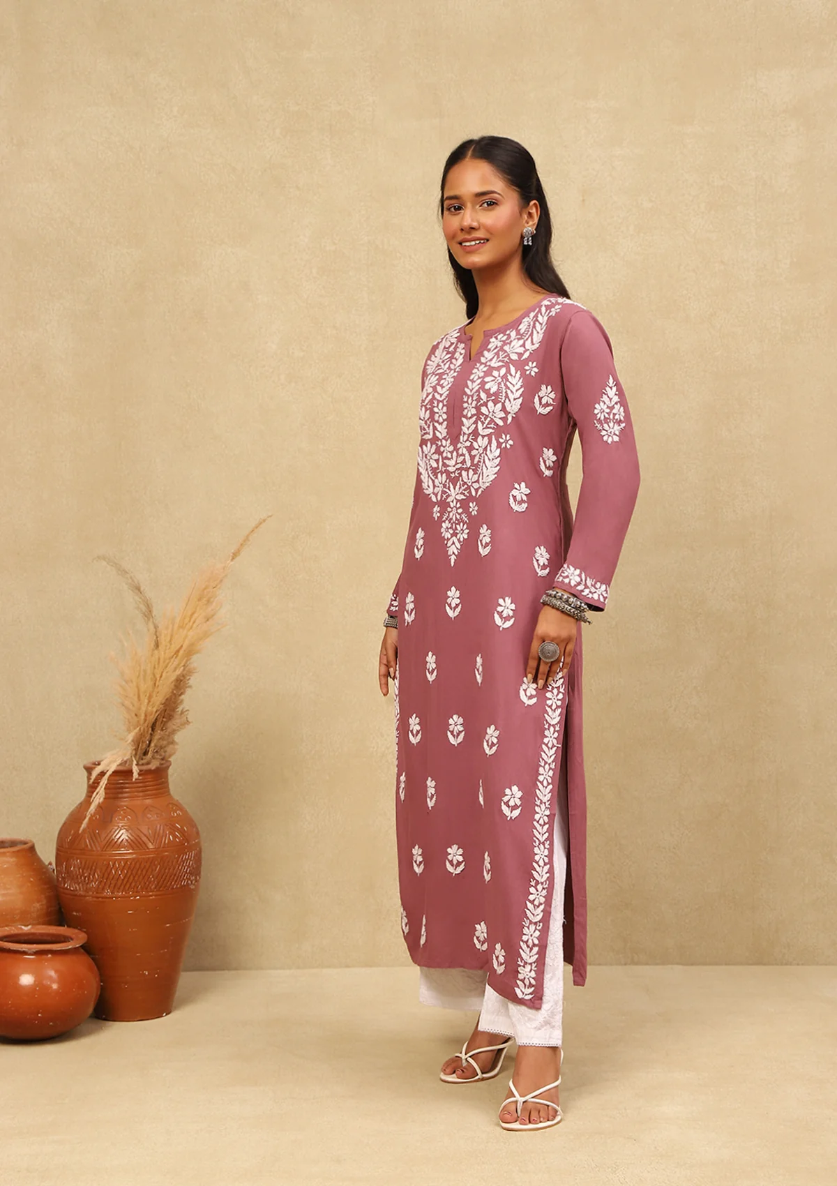 HOC Rayon Chikankari Solid Women's Long Kurta - Purple - Healthber