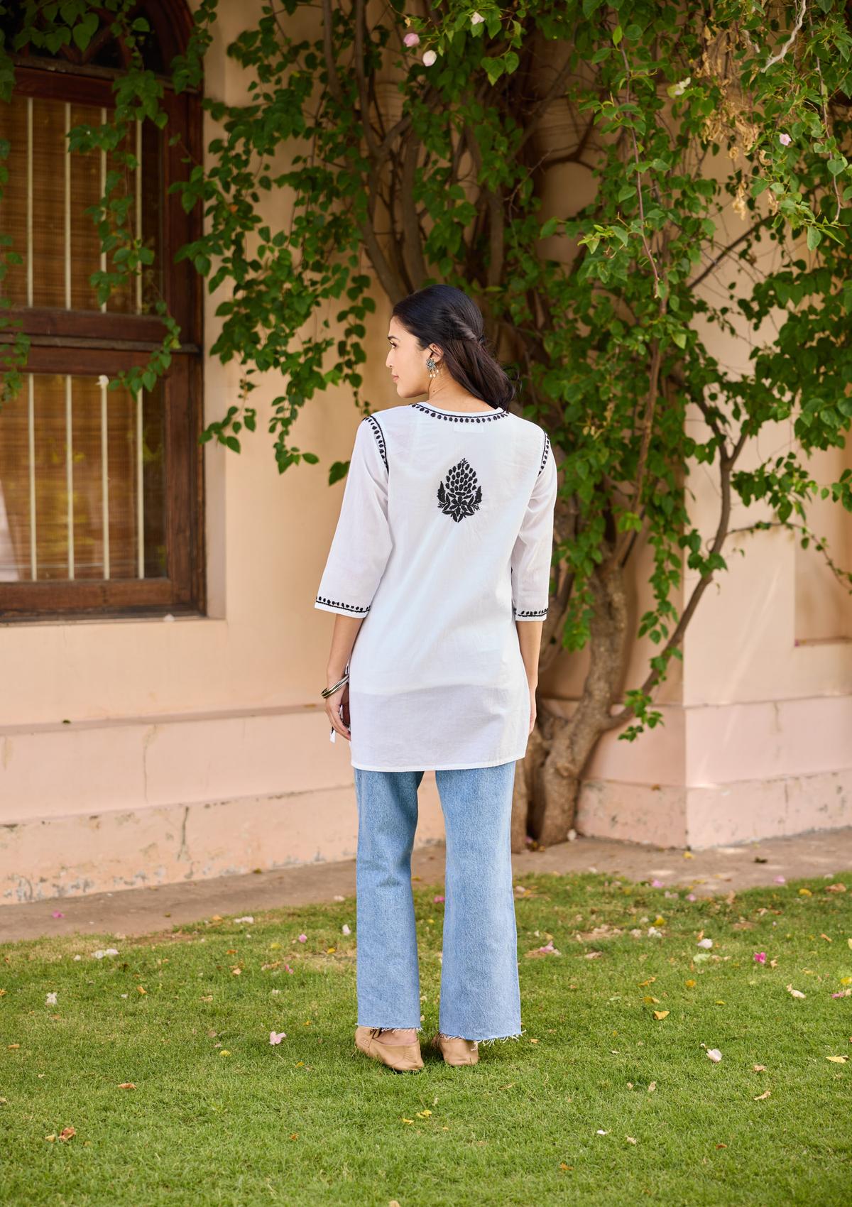 Cotton Chikankari Solid Women's Short Kurta - White - Healthber