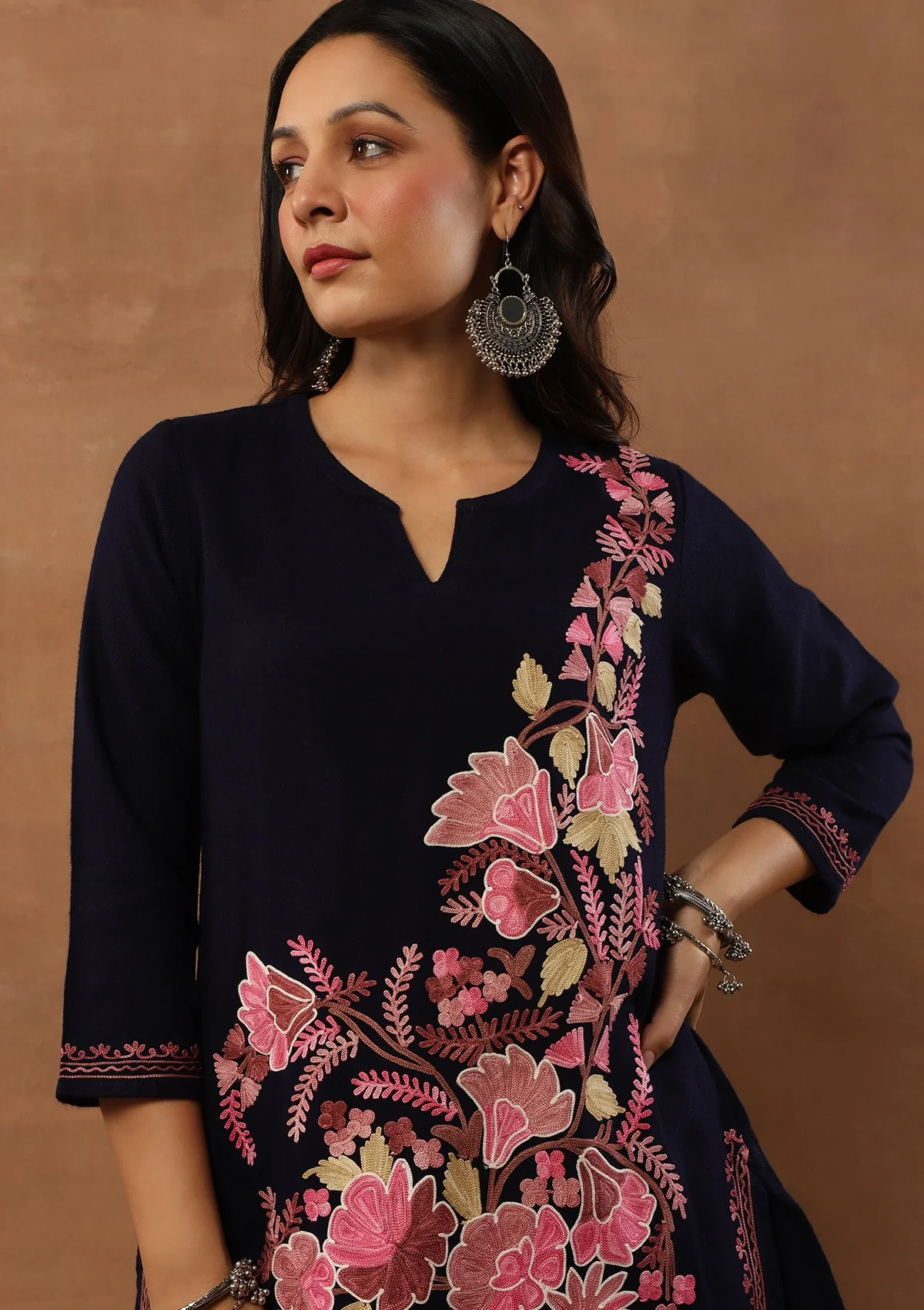HOC Aari Embroidered Woollen Solid Women's Short Kurta - Navy Blue - Healthber