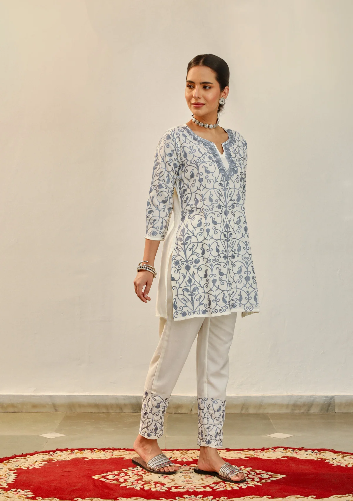 HOC Aari Embroidered Cotton Solid Women's 2 PC Co-ord Set - Off White - Healthber