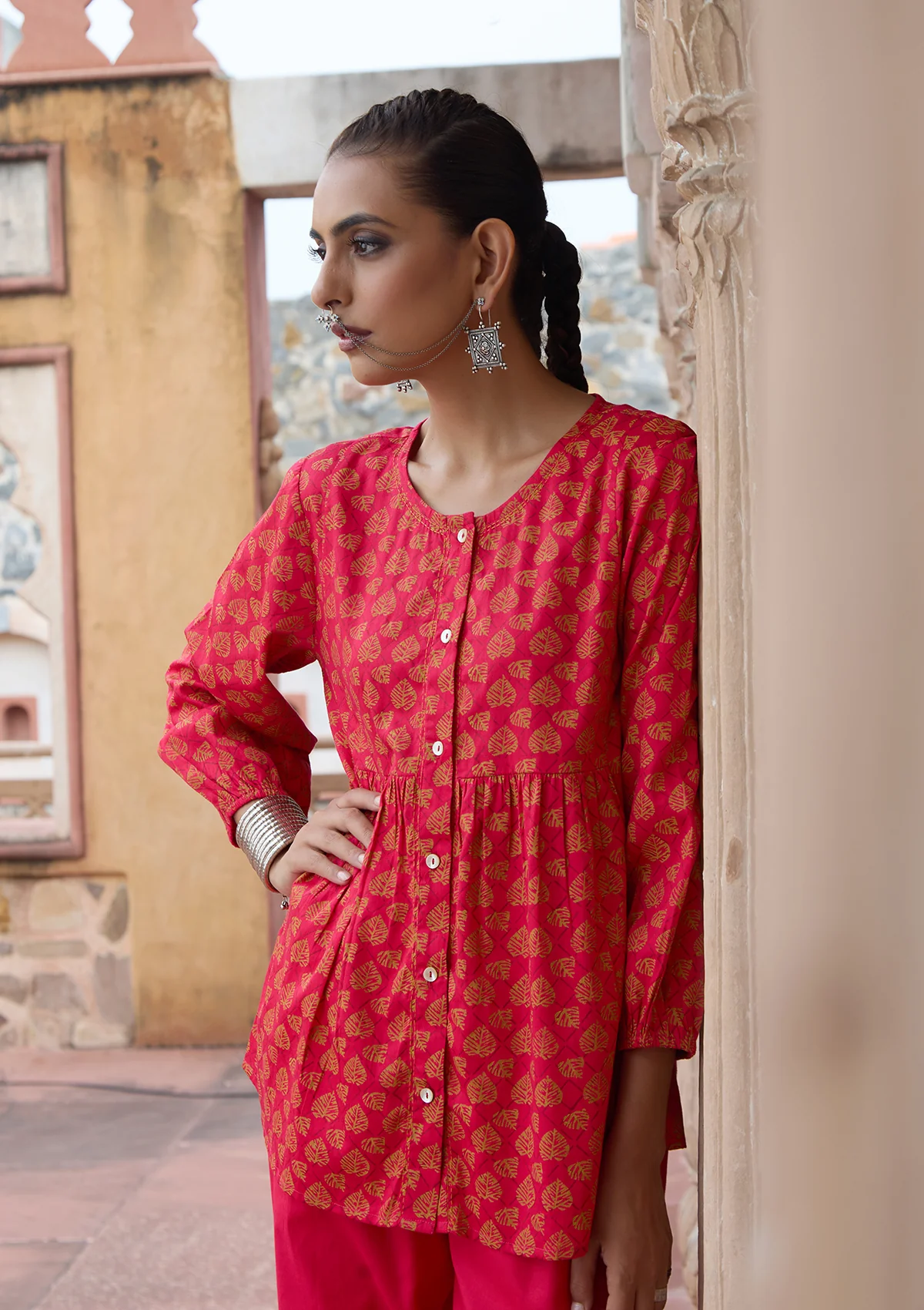 HOC Glazed Cotton Hand Block Printed with Hand Embroidery Women's 2 PC Co-ord Set - Pink - Healthber