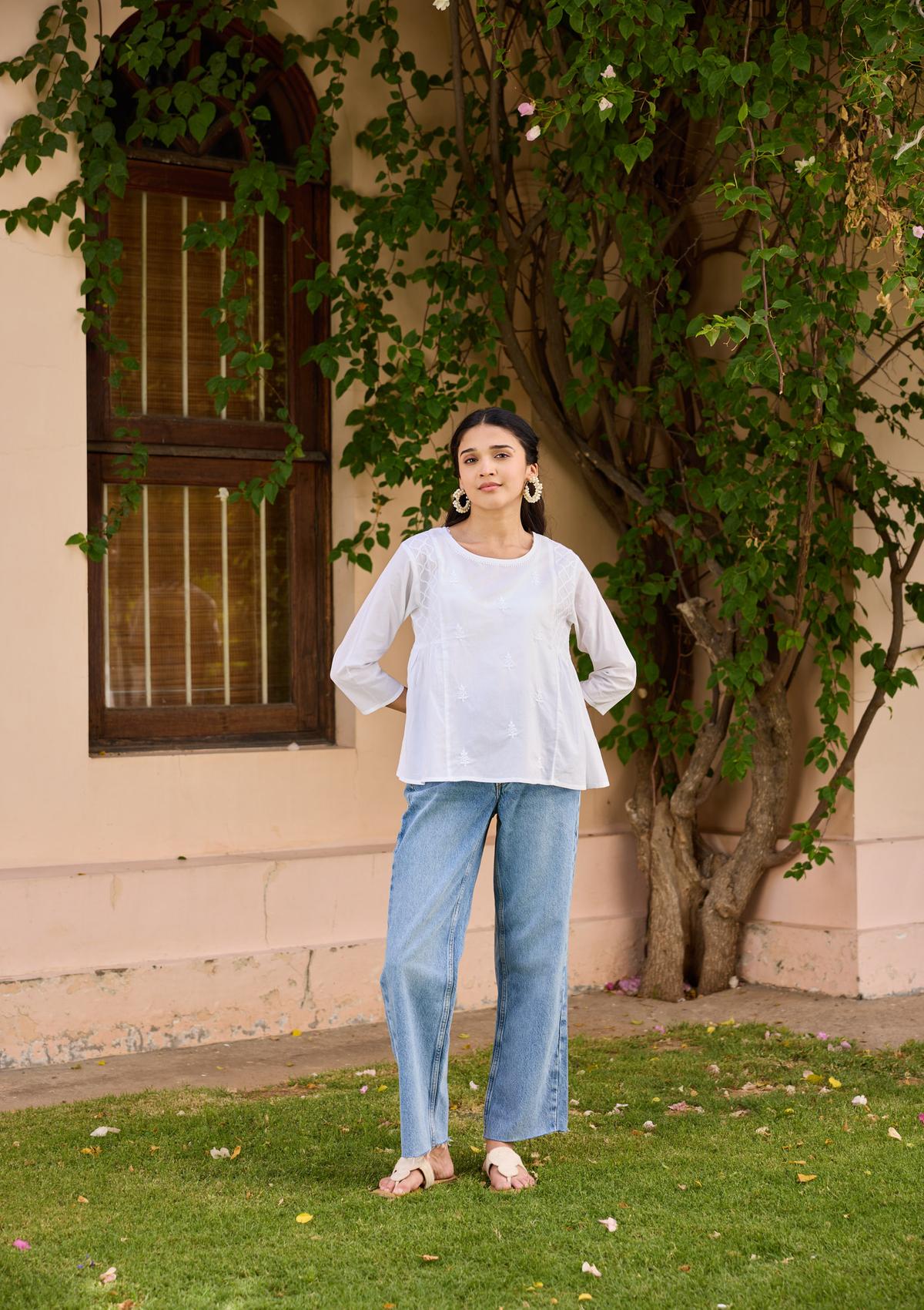HOC Cotton Chikankari Solid Women's Top - White - Healthber