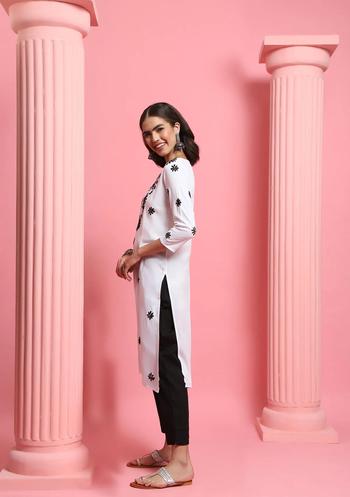 Rayon Chikankari Solid Women's Long Kurta - White - Healthber