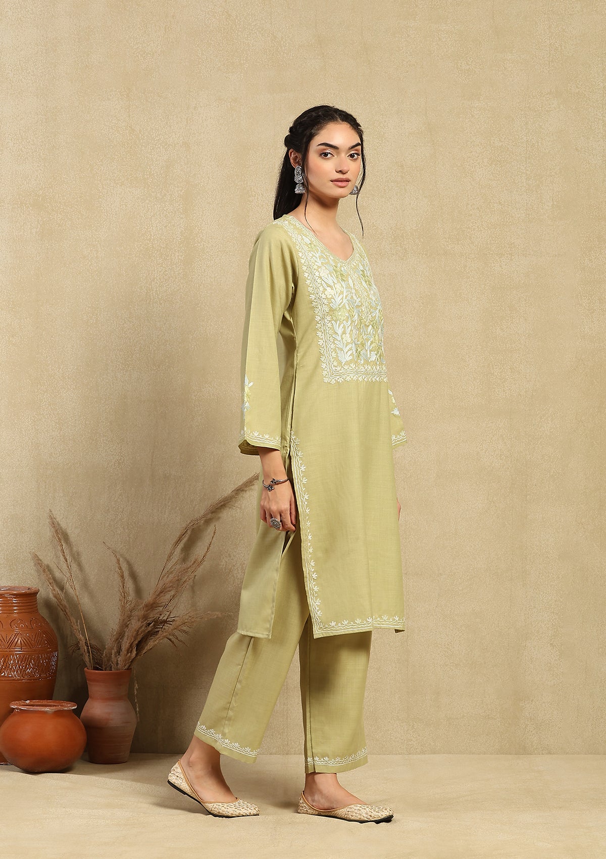 HOC Cotton Aari Embroidered Solid Women's 2 PC Long  Kurta Set - Green - Healthber