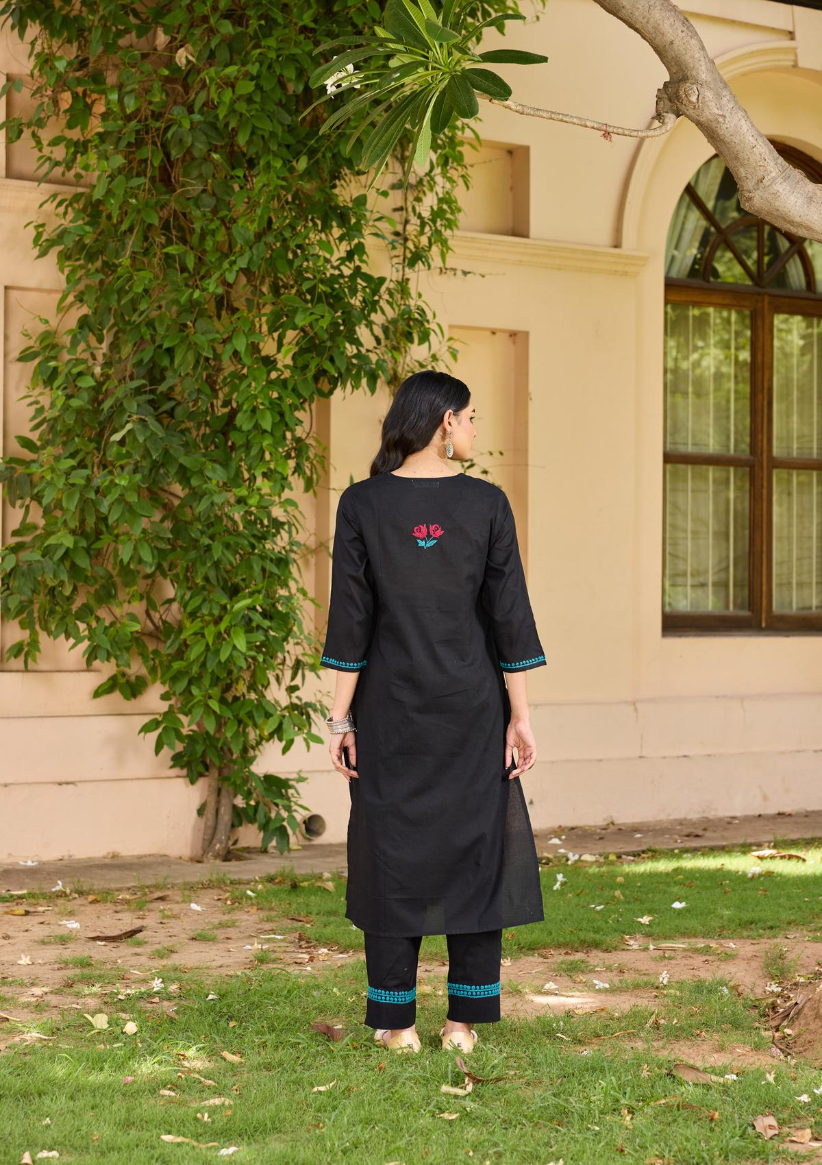 HOC Cotton Chikankari Solid Women's 2PC Long Kurta Set  - Black - Healthber