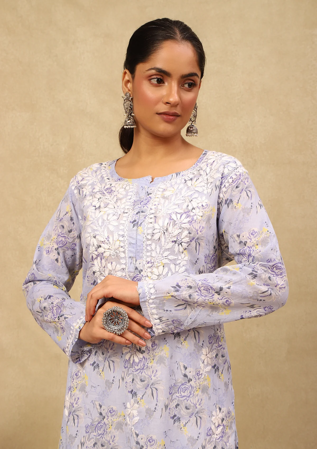 HOC Mulmul Chikankari Printed Women's Long Kurta -Lavender - Healthber