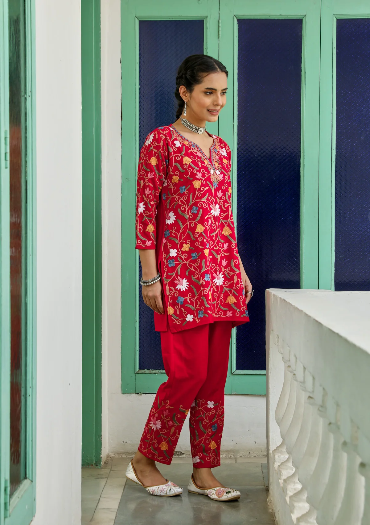 HOC Aari Embroidered Cotton Solid Women's 2 PC Co-ord Set - Red - Healthber