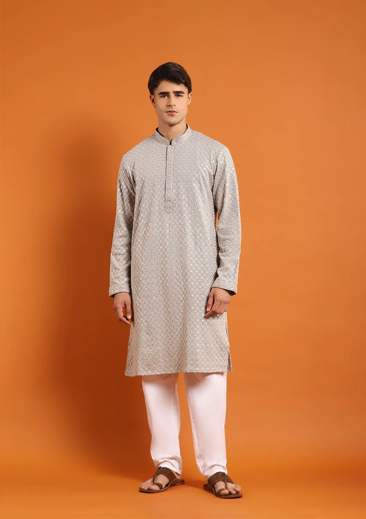 HOC Rayon Embroidered With Sequins Solid Men's Long Kurta- Light Grey - Healthber