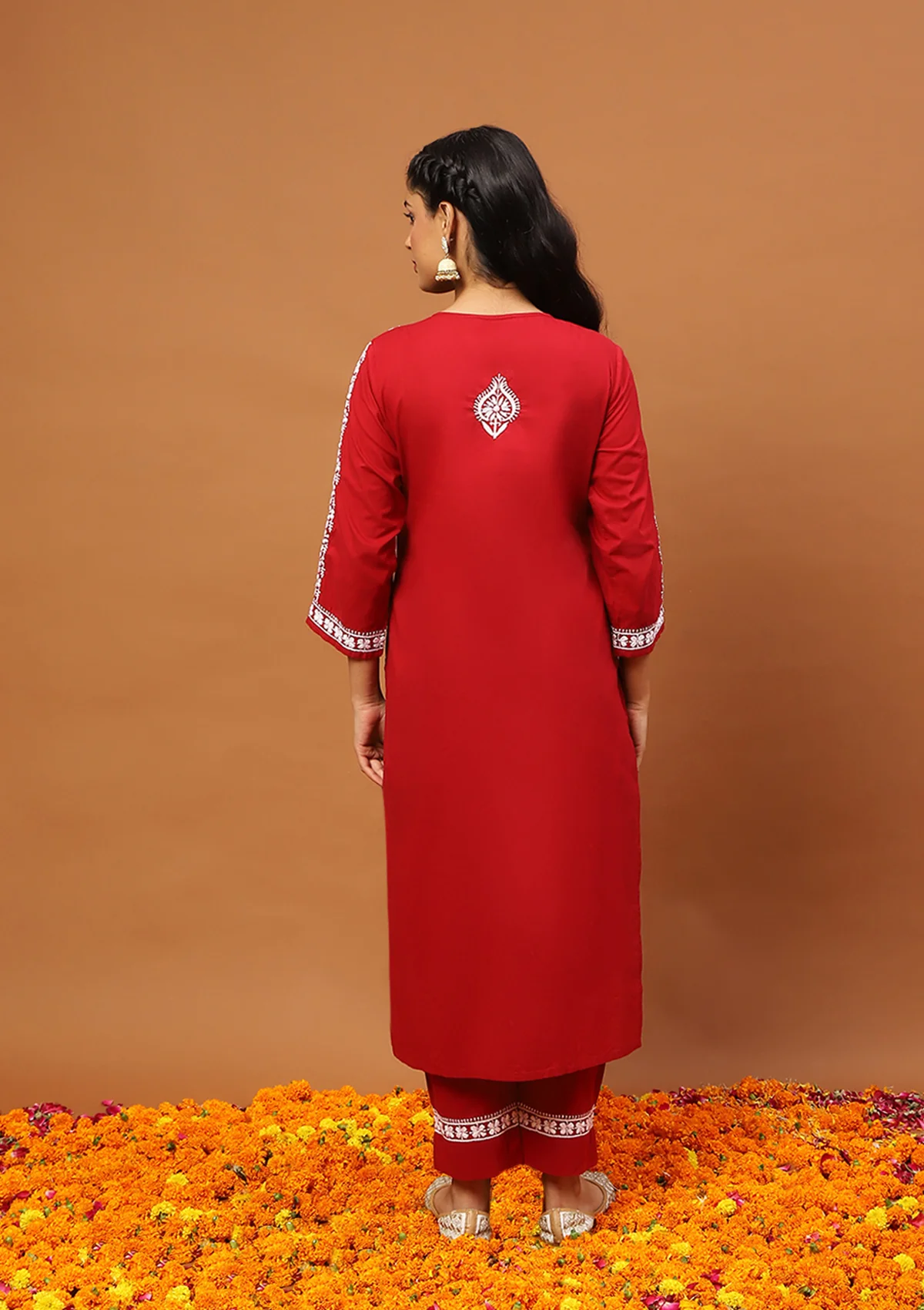 HOC Cotton Chikankari Solid Women's 2 PC Long Kurta Set-Red - Healthber