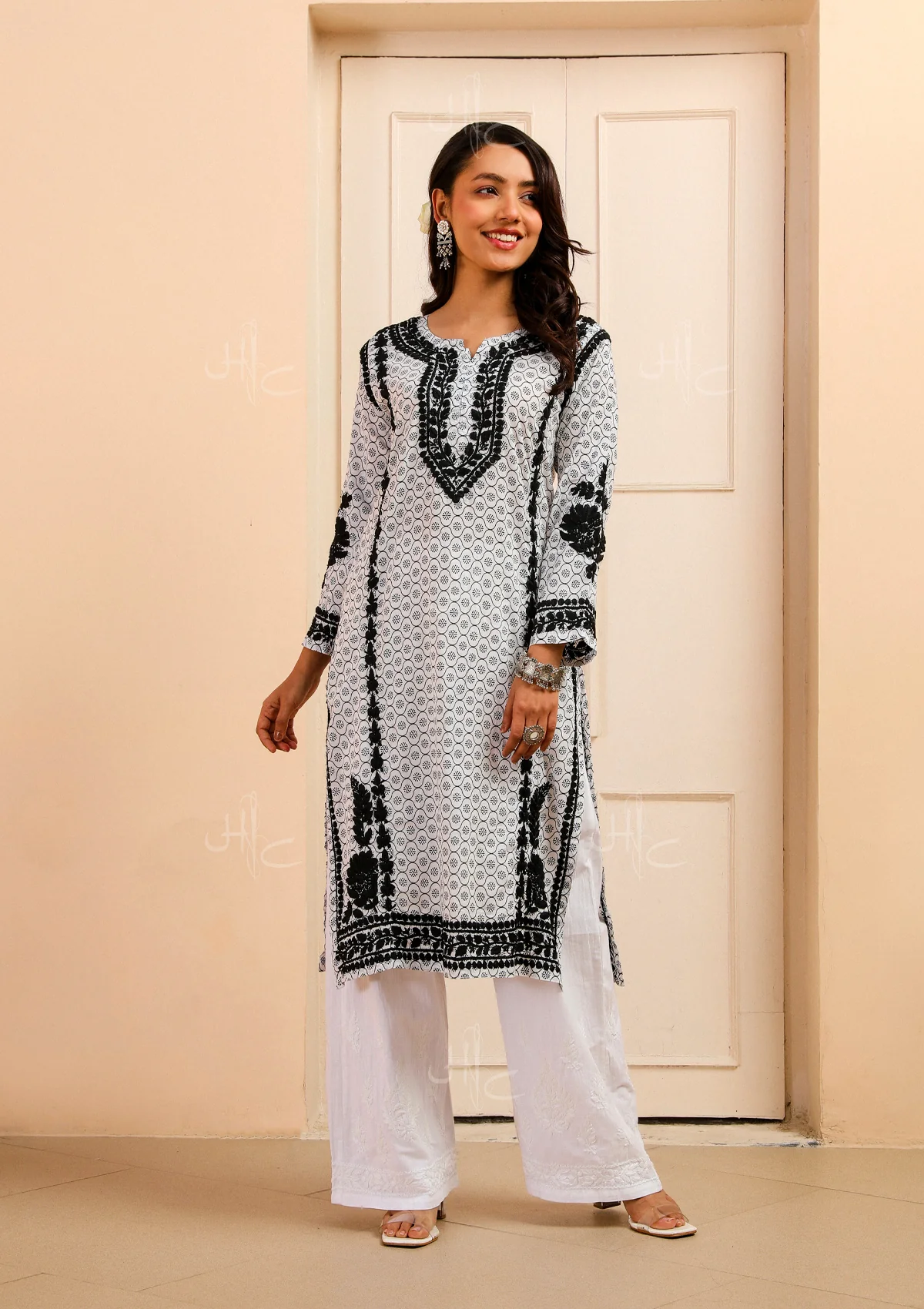 HOC Mulmul Chikankari Printed Women's Kurta - White - Healthber