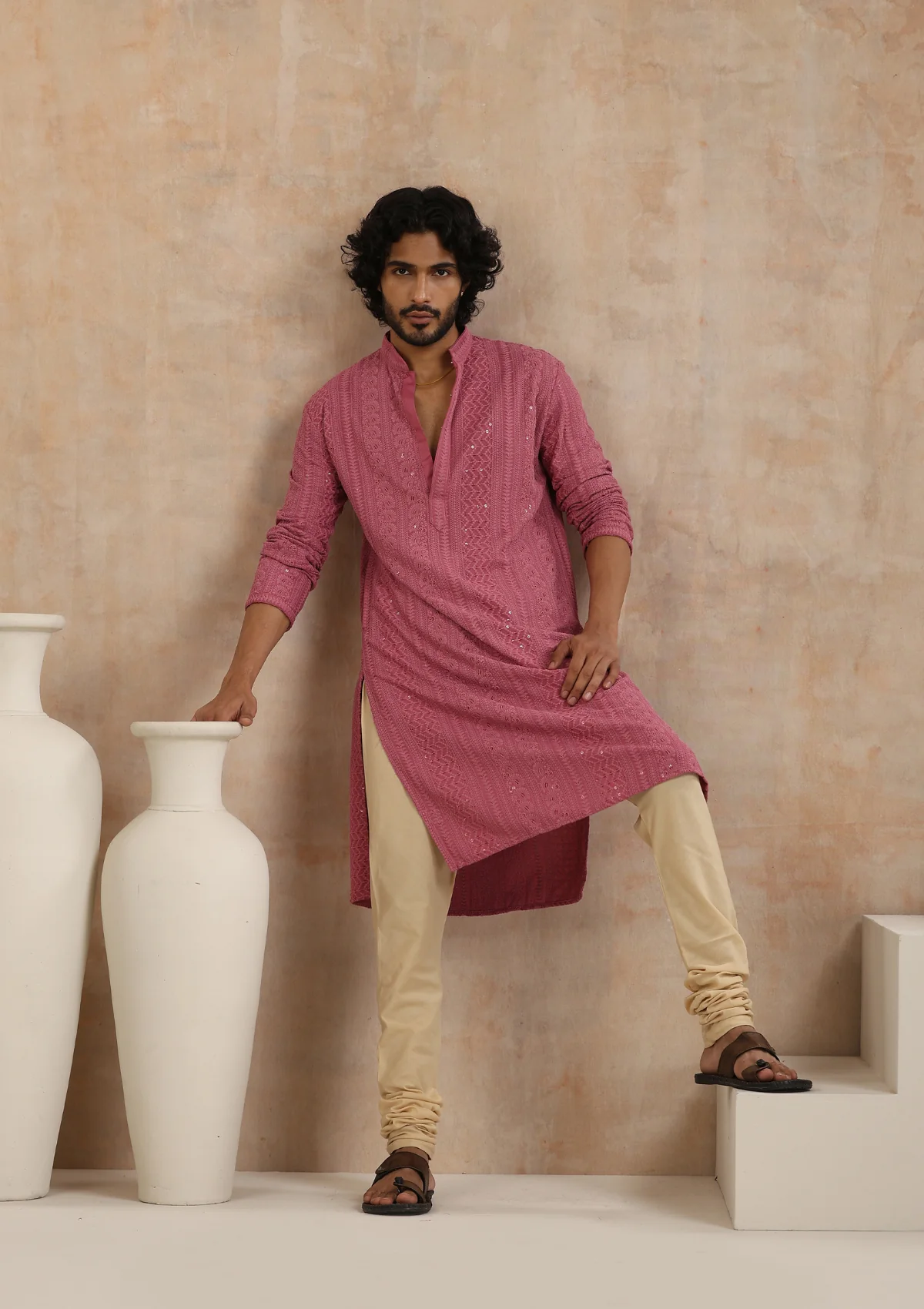 HOC Rayon Schiffli Solid Men's Long Kurta- Muave - Healthber