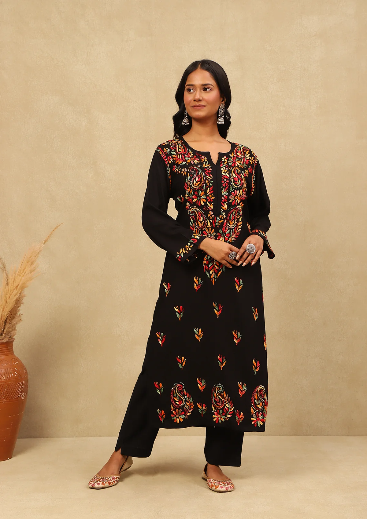 HOC Rayon Chikankari Solid Women's Long Kurta -Black - Healthber