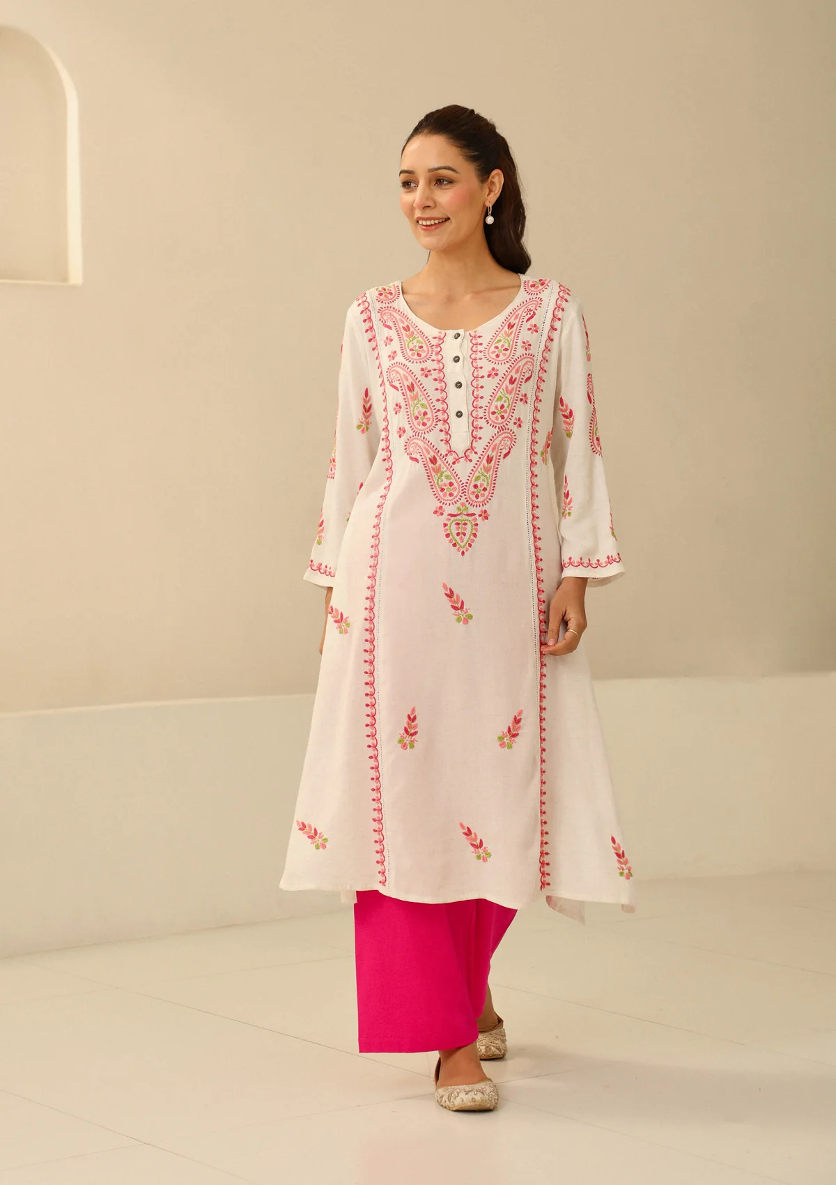 HOC Cotton Flex Chikankari Solid Women's Long Kurta With Lace - Off White - Healthber