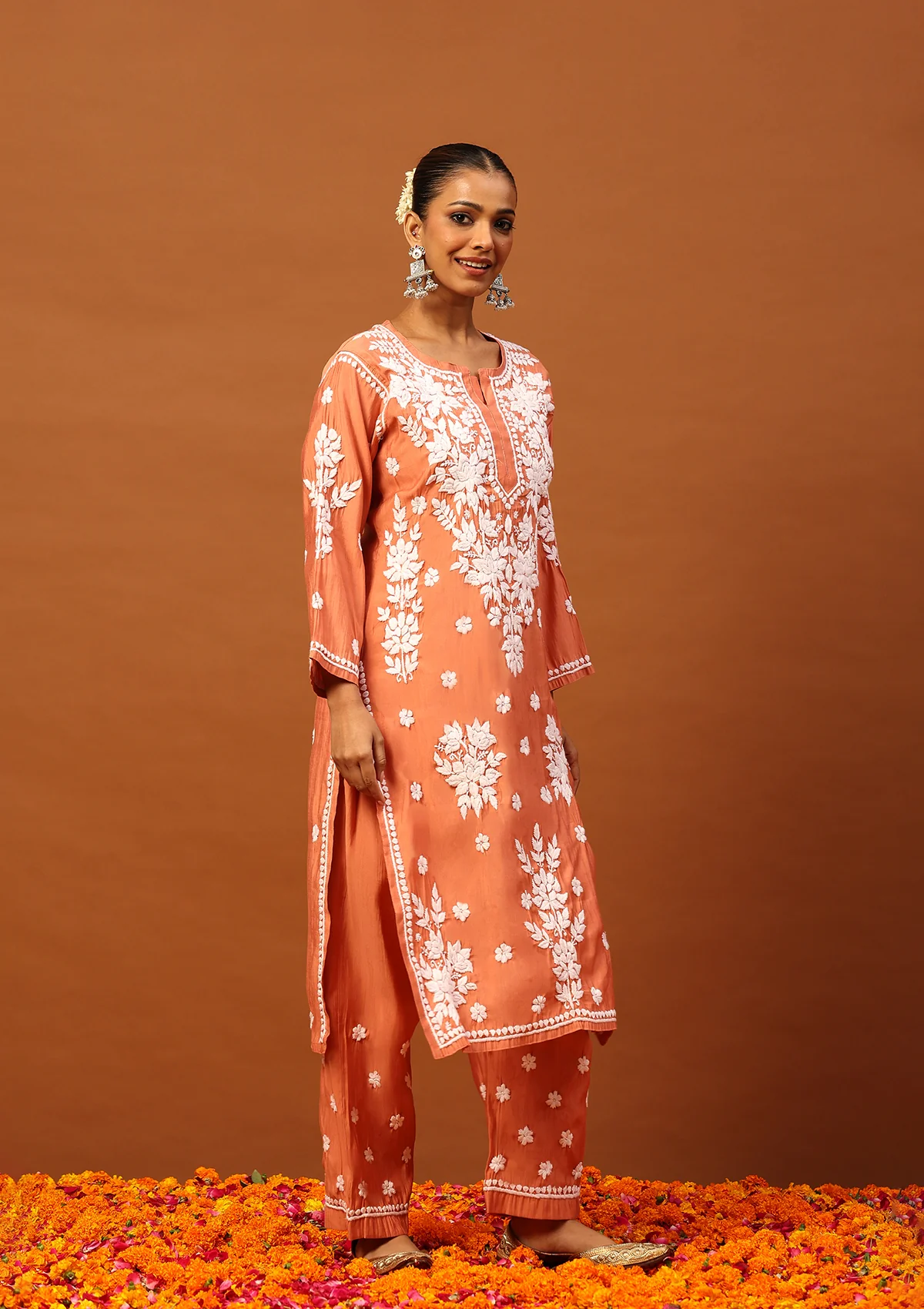 HOC Chanderi Chikankari Solid Women's 2 PC Long Kurta Set -Peach - Healthber