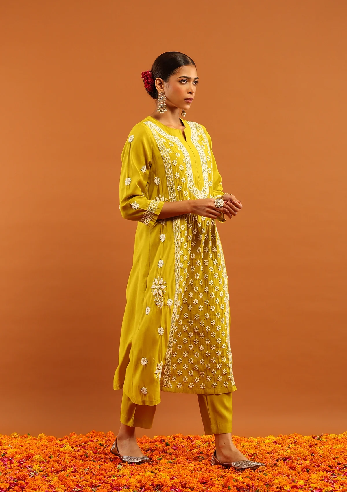 HOC Chanderi Chikankari Solid Women's 3 PC Long Kurta Set-Green - Healthber