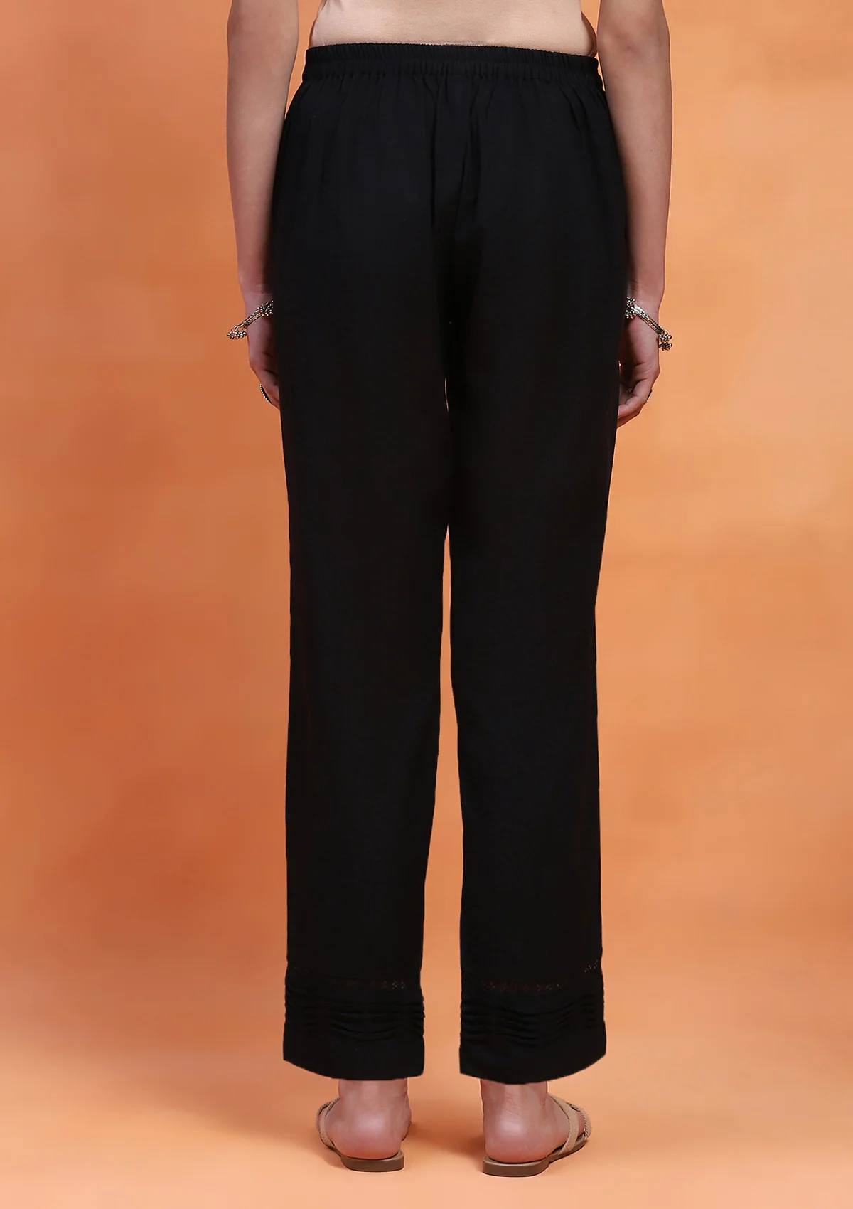 HOC Cotton Solid Women's Pintuck Pants with Lace - Black - Healthber