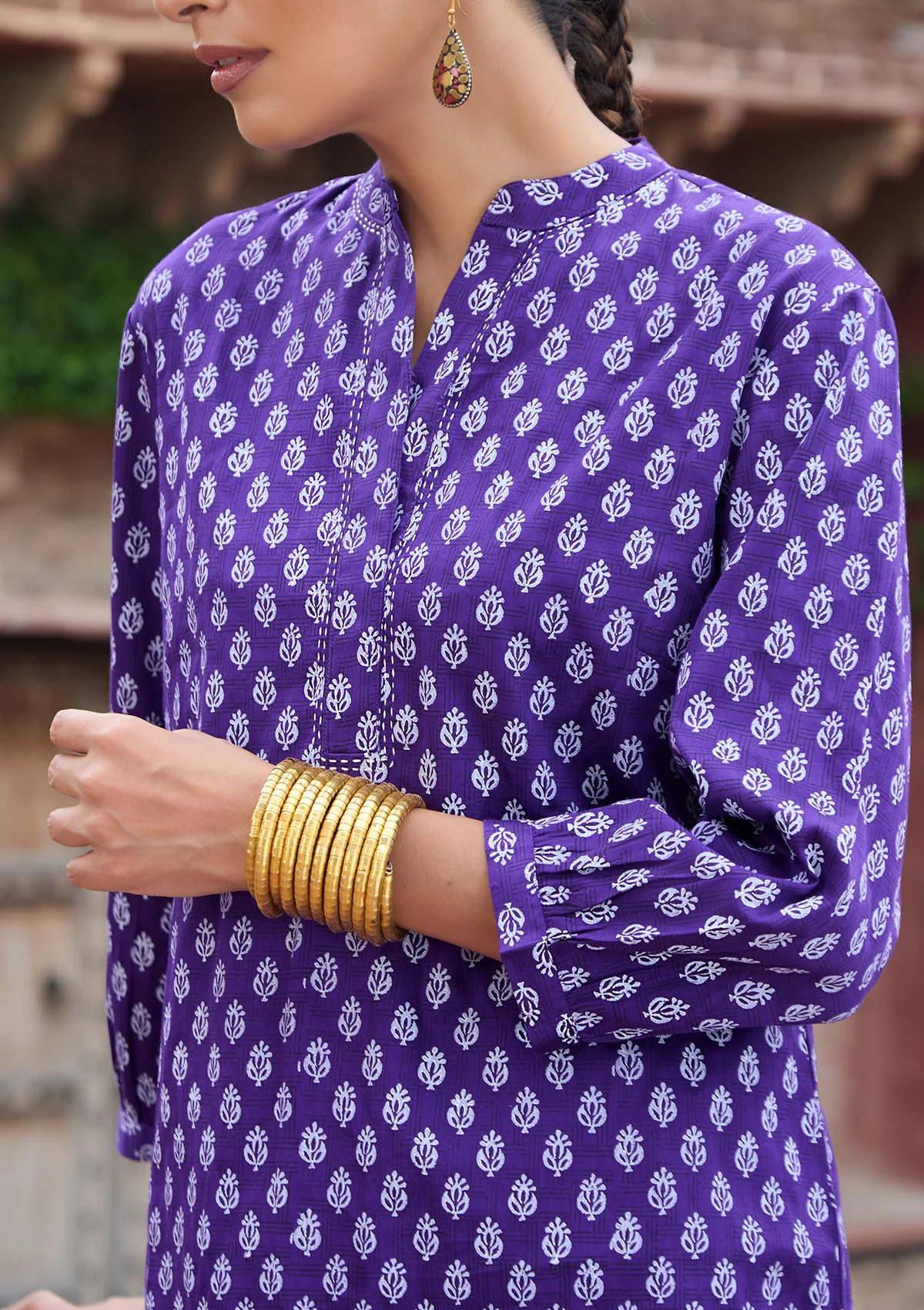 HOC Glazed Cotton Hand Block Printed with Hand Embroidery Women's 2 PC Co-ord Set - Dark Purple - Healthber