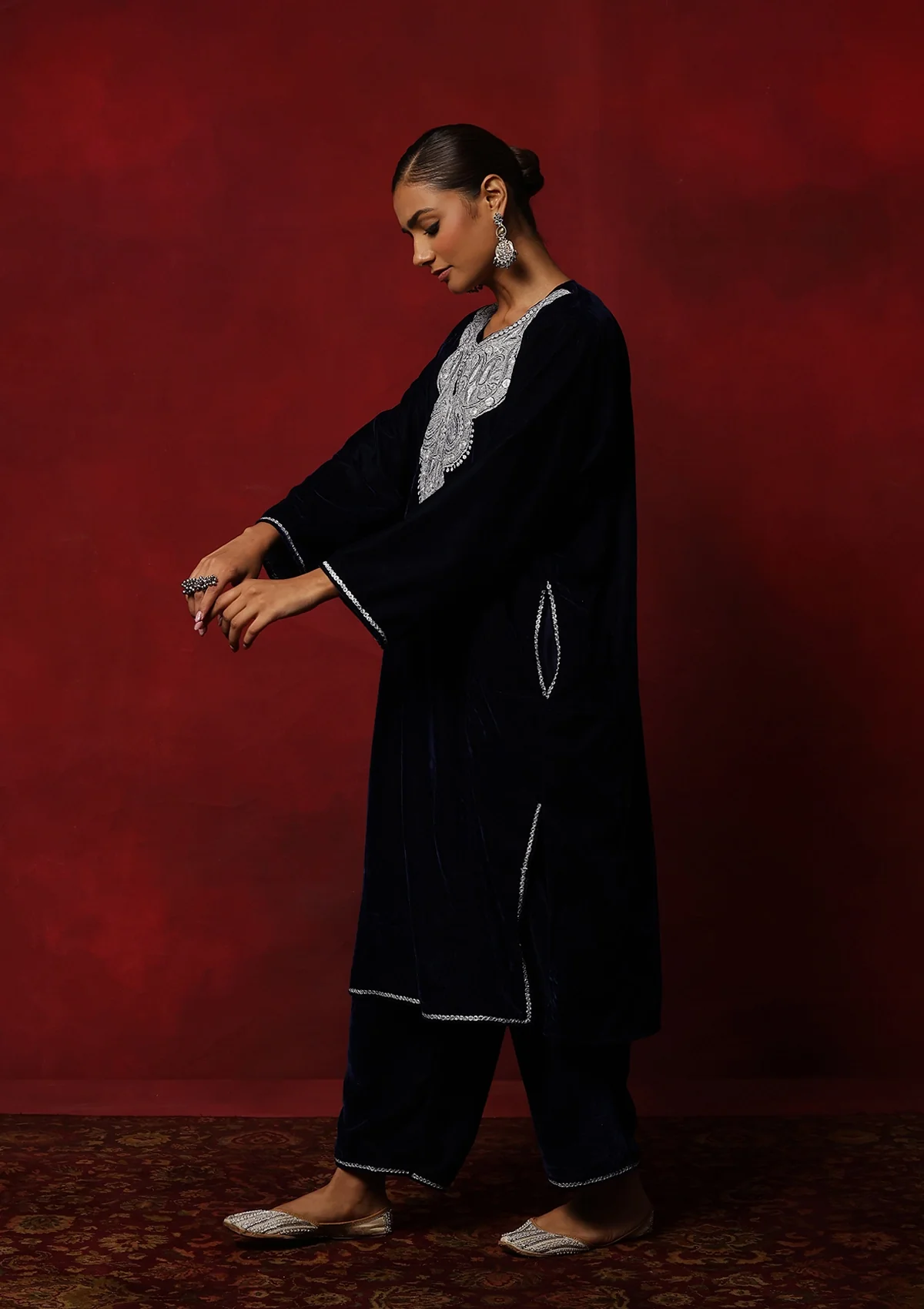 HOC Kashmiri Velvet Tilla Embroidered Solid Women's 2 PC Phiran Set -Navy Blue - Healthber