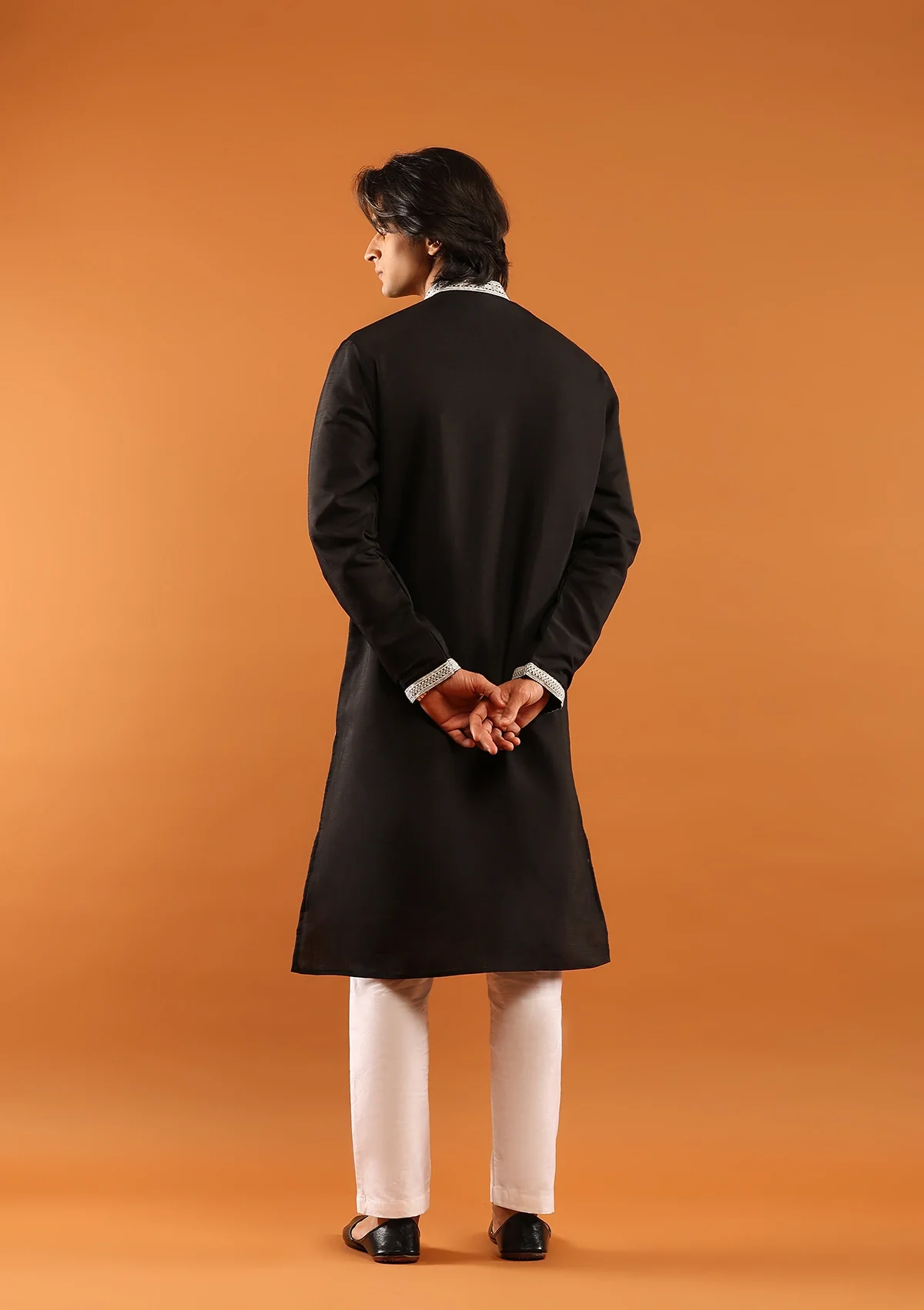 HOC Poly Silk Zari Embroidered With Sequins Solid Men's Long Kurta- Black - Healthber