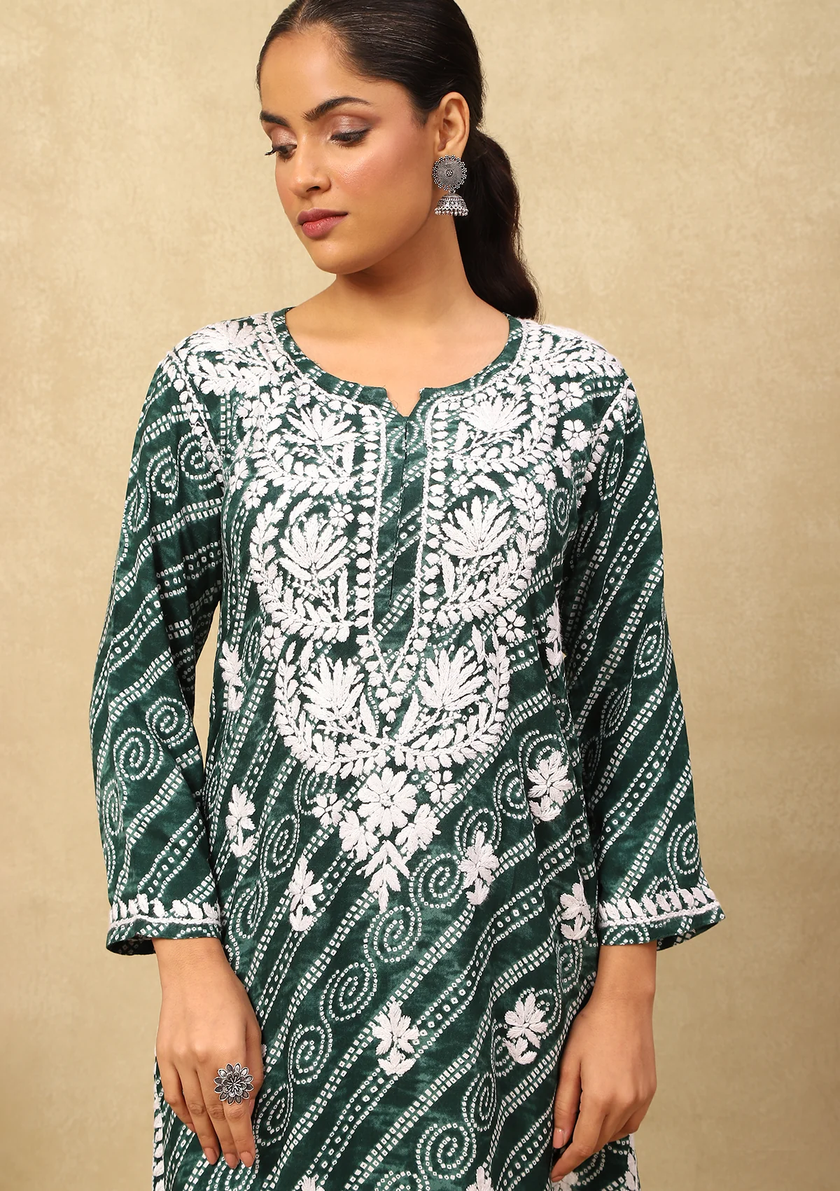 HOC Rayon Chikankari Bandhani Printed Women's Long Kurta-Green - Healthber