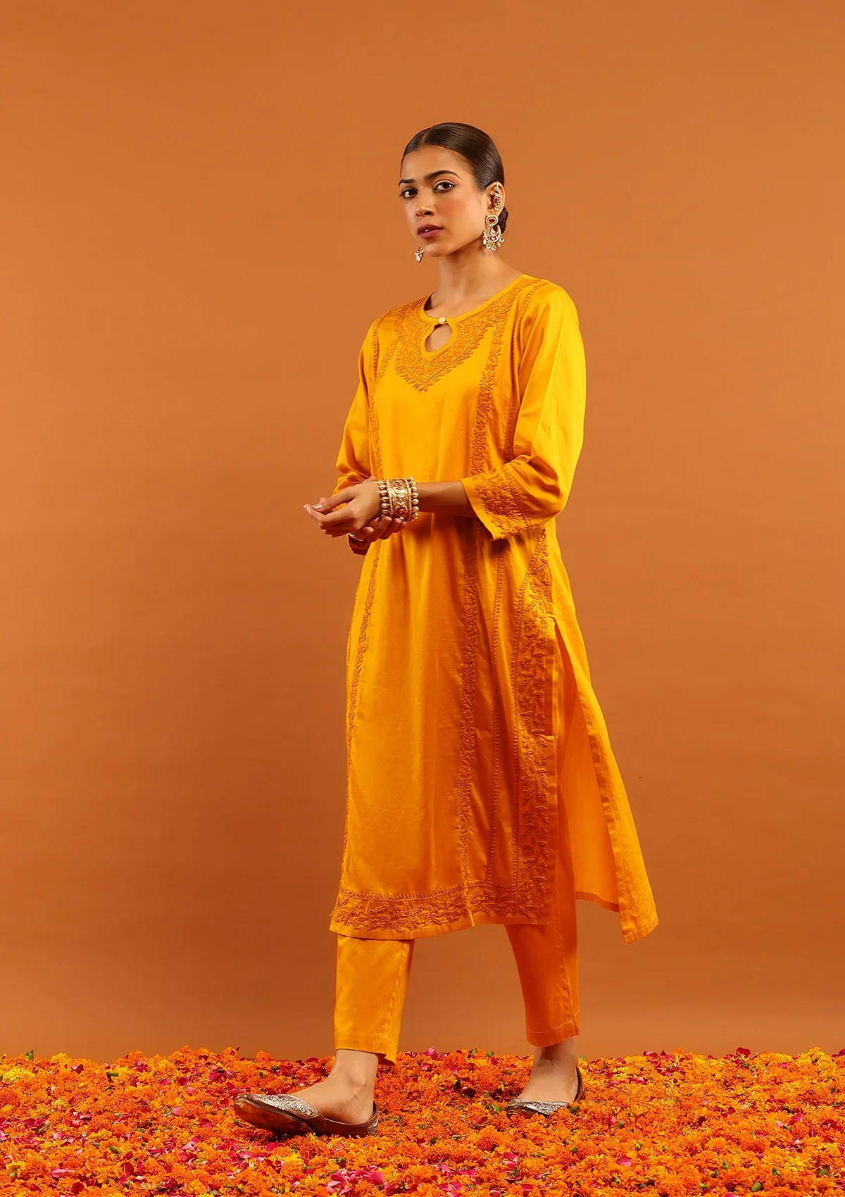 HOC Jaam Silk Chikankari Solid Women's 2 PC Long Kurta Set - Mustard - Healthber