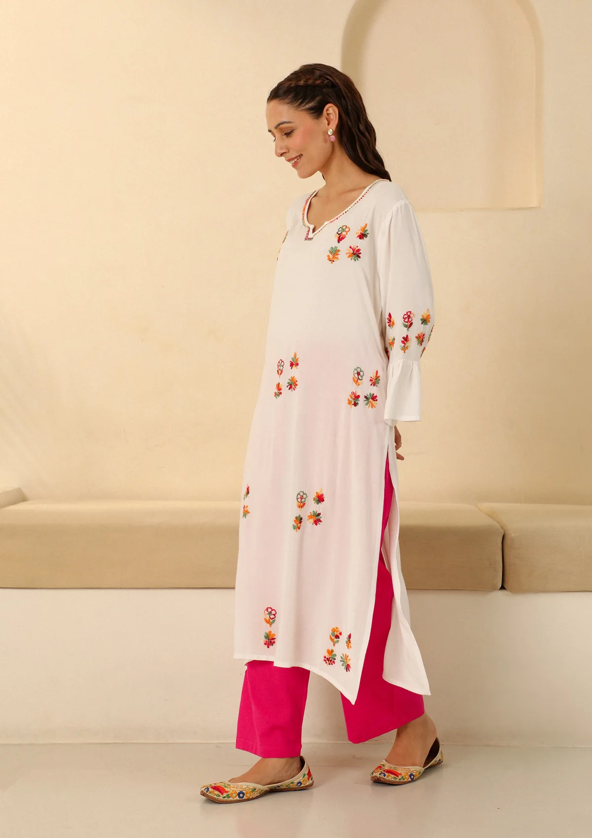 HOC Rayon Chikankari Solid Women's long kurta - White - Healthber