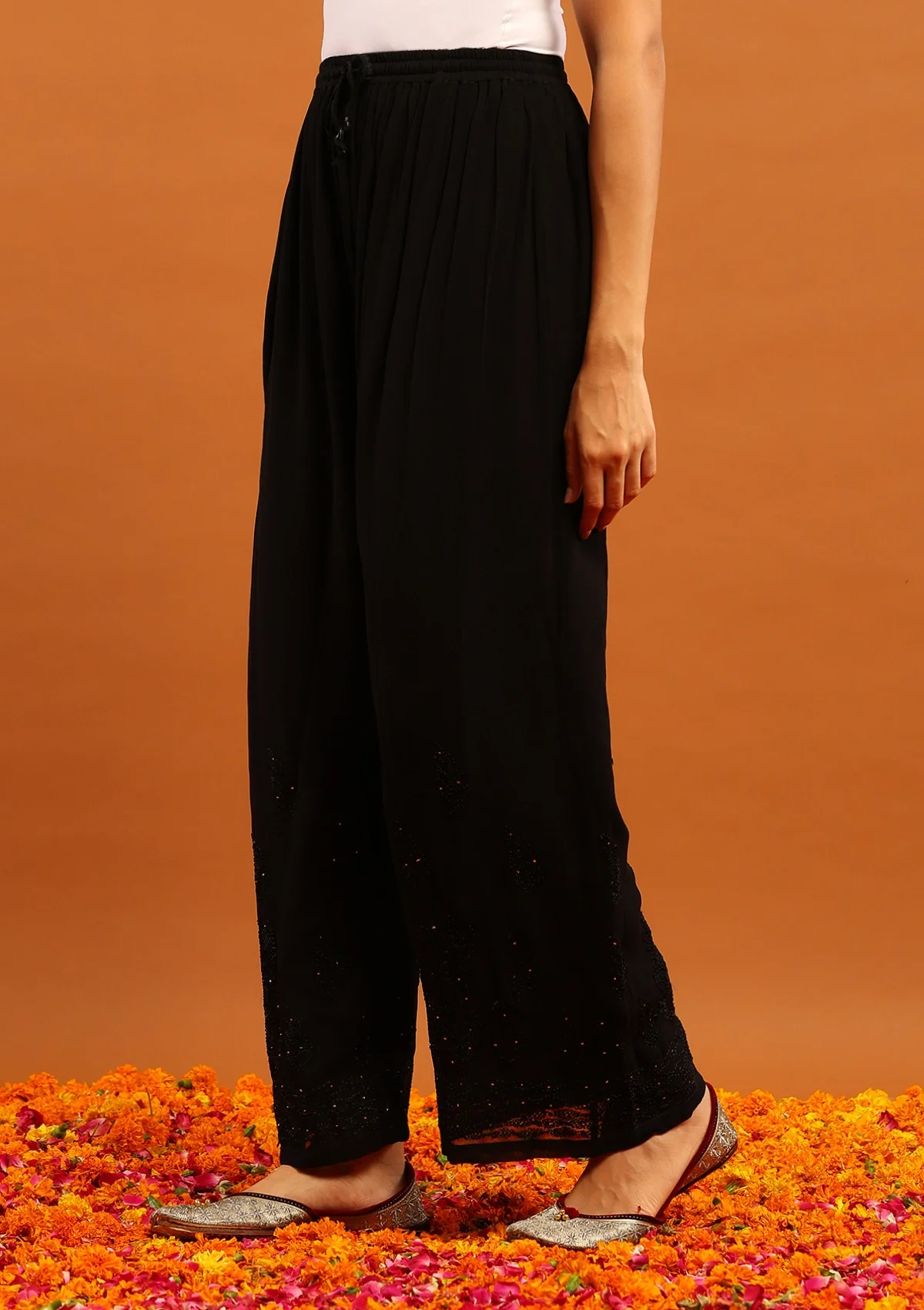 HOC Viscose Georgette Chikankari Mukaish & Kamdani Solid Women's 3 PC Long Kurta Set-Black - Healthber