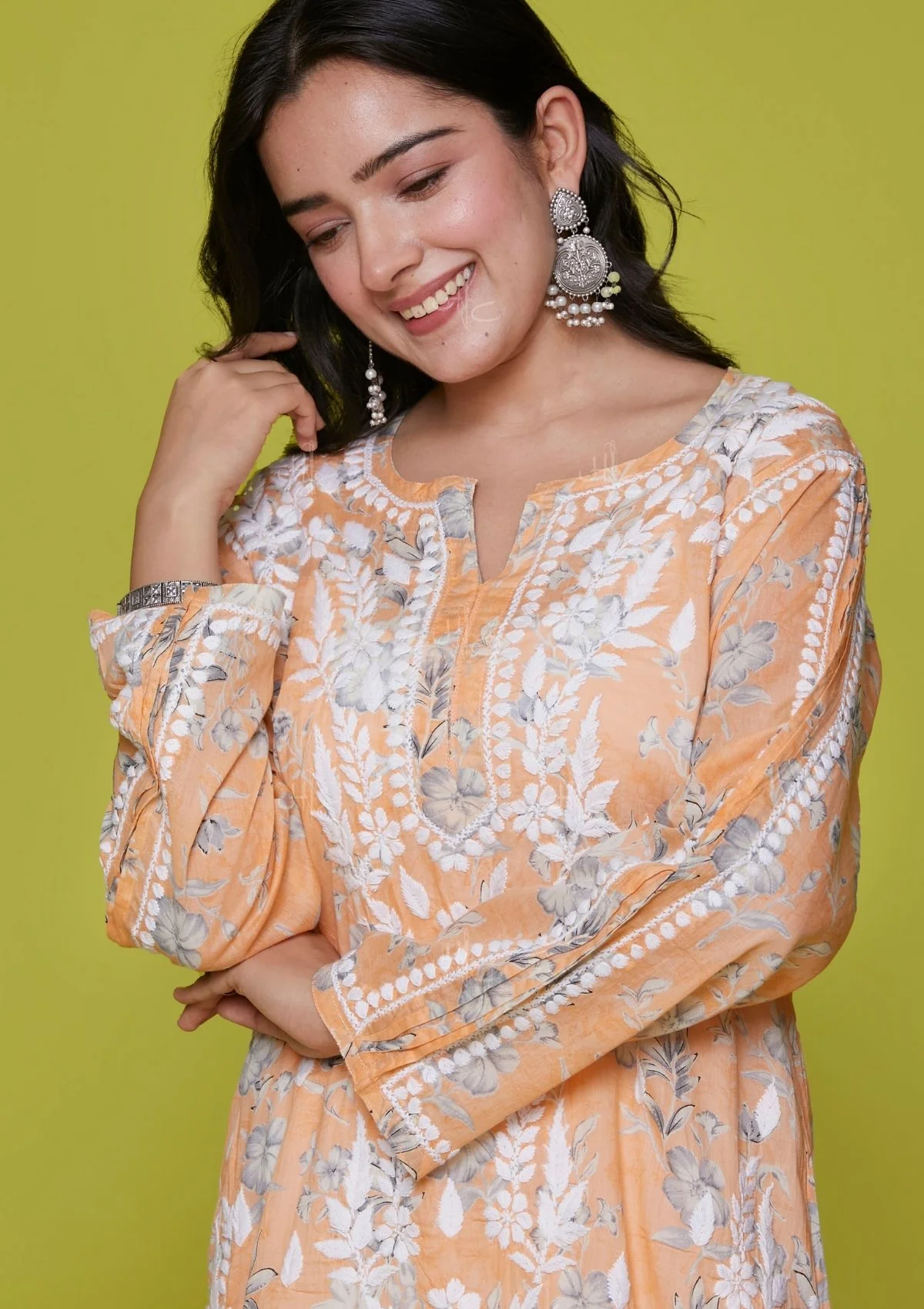 HOC Mulmul Chikankari Printed Women's Long Kurta - Orange - Healthber