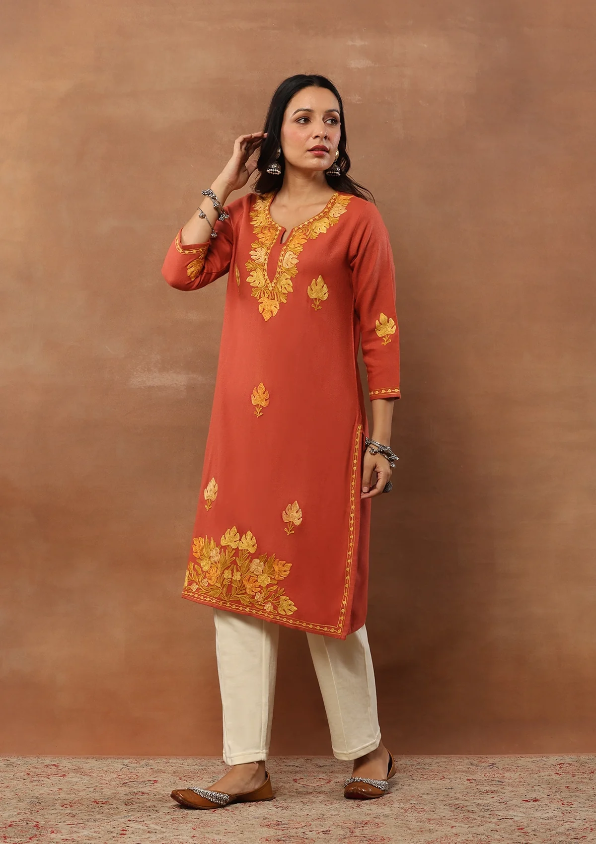 HOC Aari Embroidered Woollen Solid Women's Long Kurta - Coral - Healthber