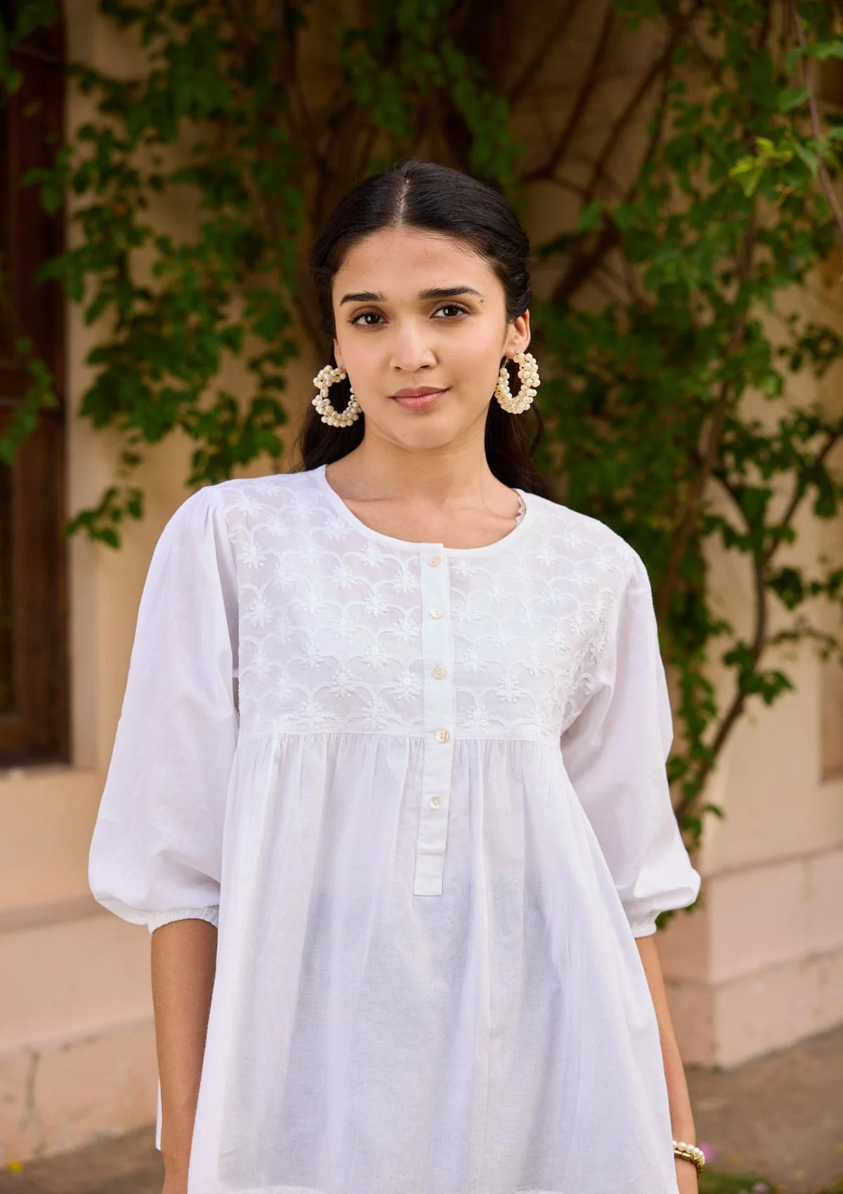 HOC Cotton Chikankari Solid Women's Top - White - Healthber