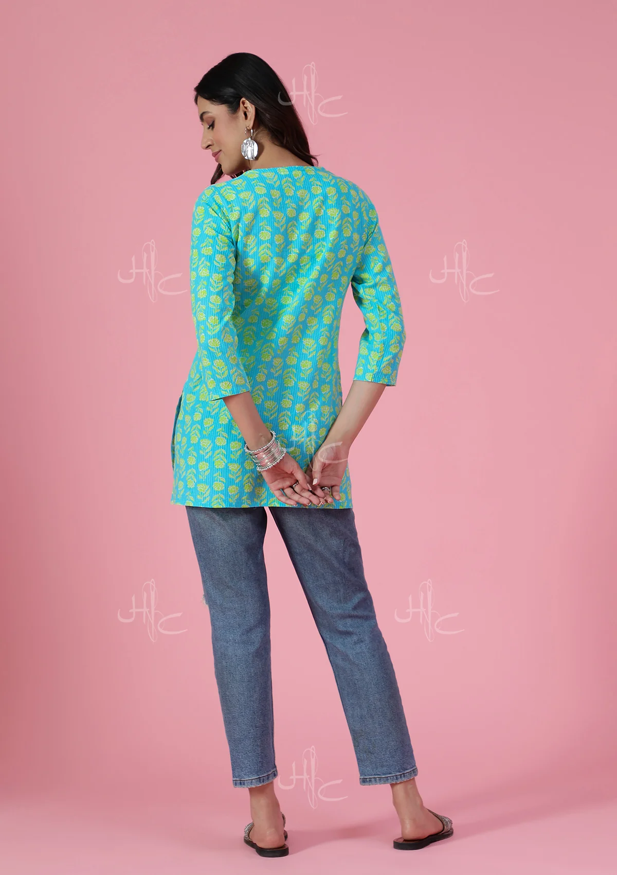 HOC Kantha Cotton Chikankari Printed Women's Short Kurta - Blue - Healthber